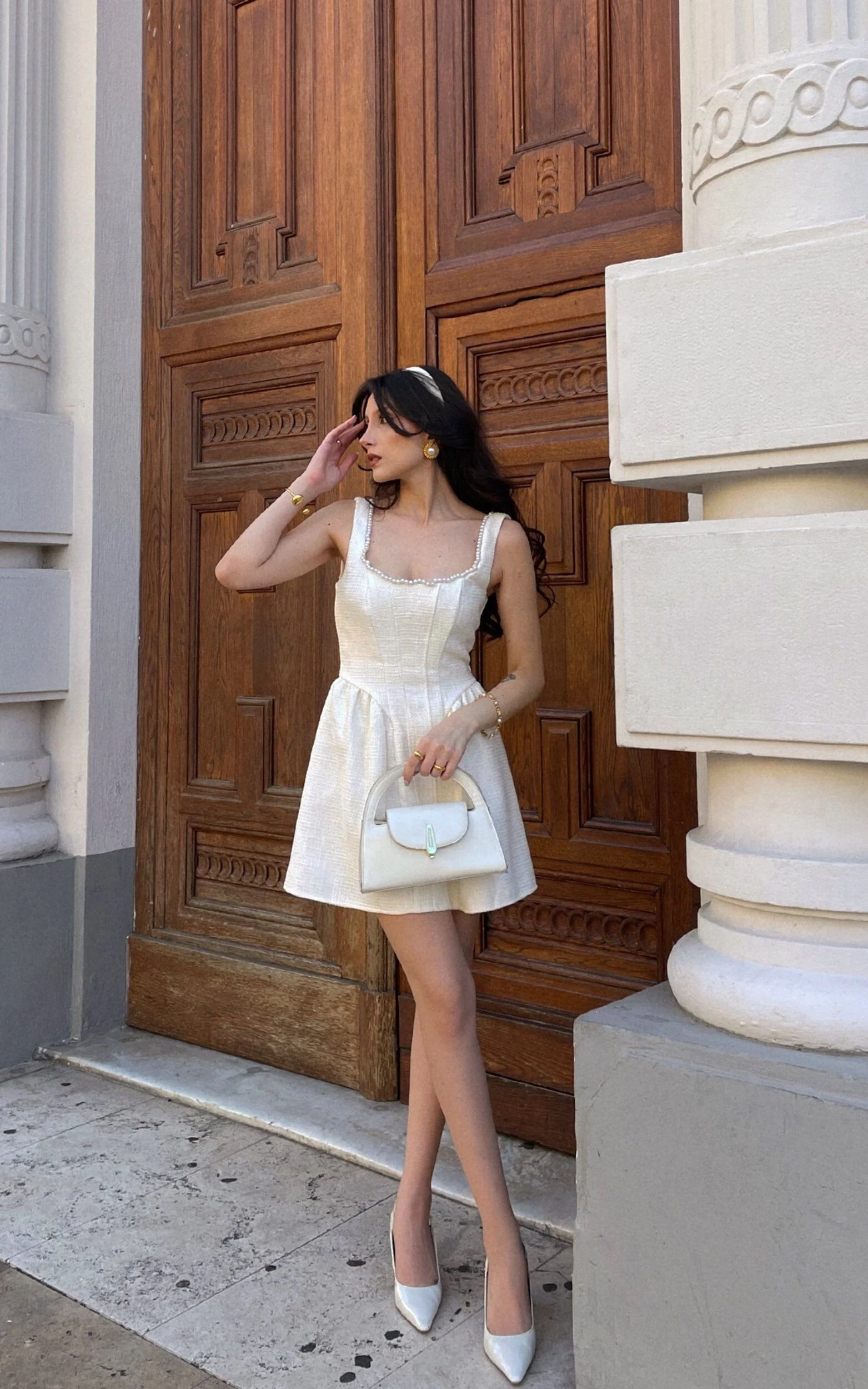 Lucia Mini Dress - Scoop Pearl Neck Boucle Dress in Cream