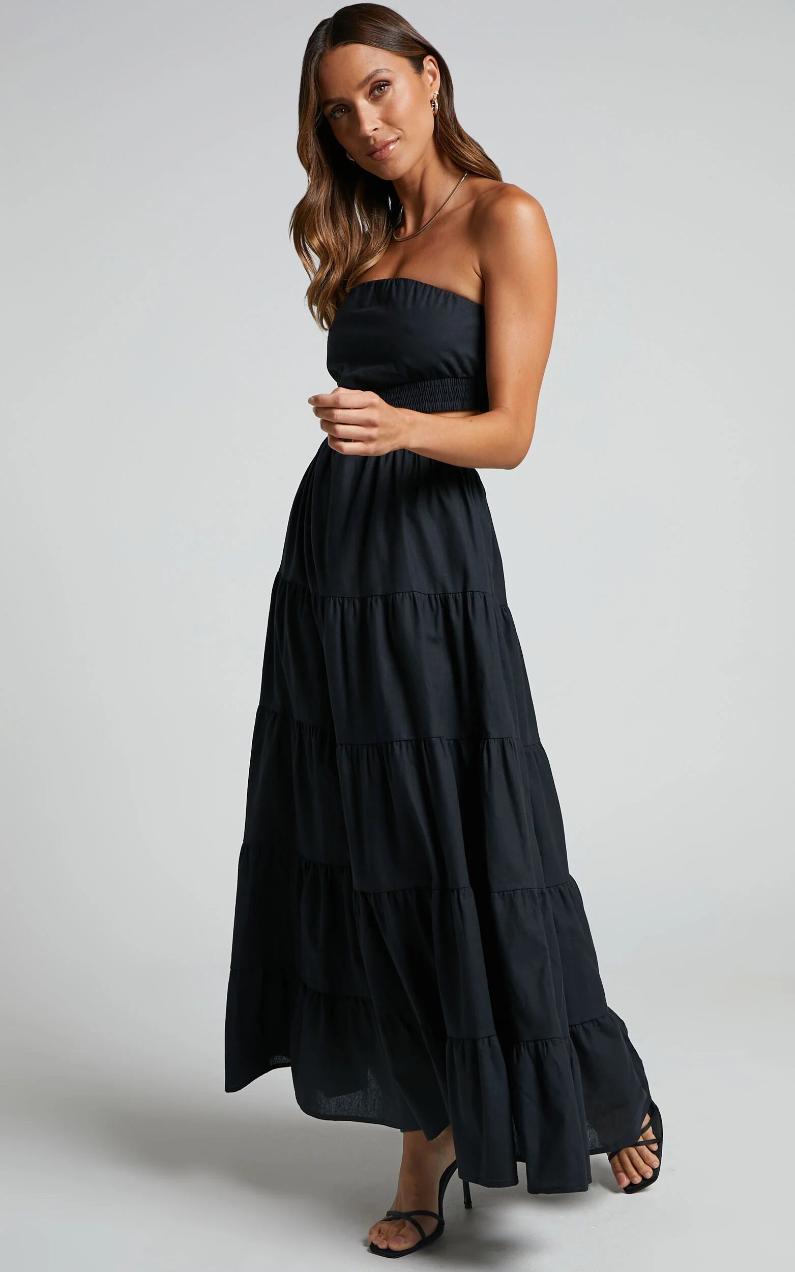 Xiomara Maxi Dress - Strapless Cut Out Tiered Dress in Black