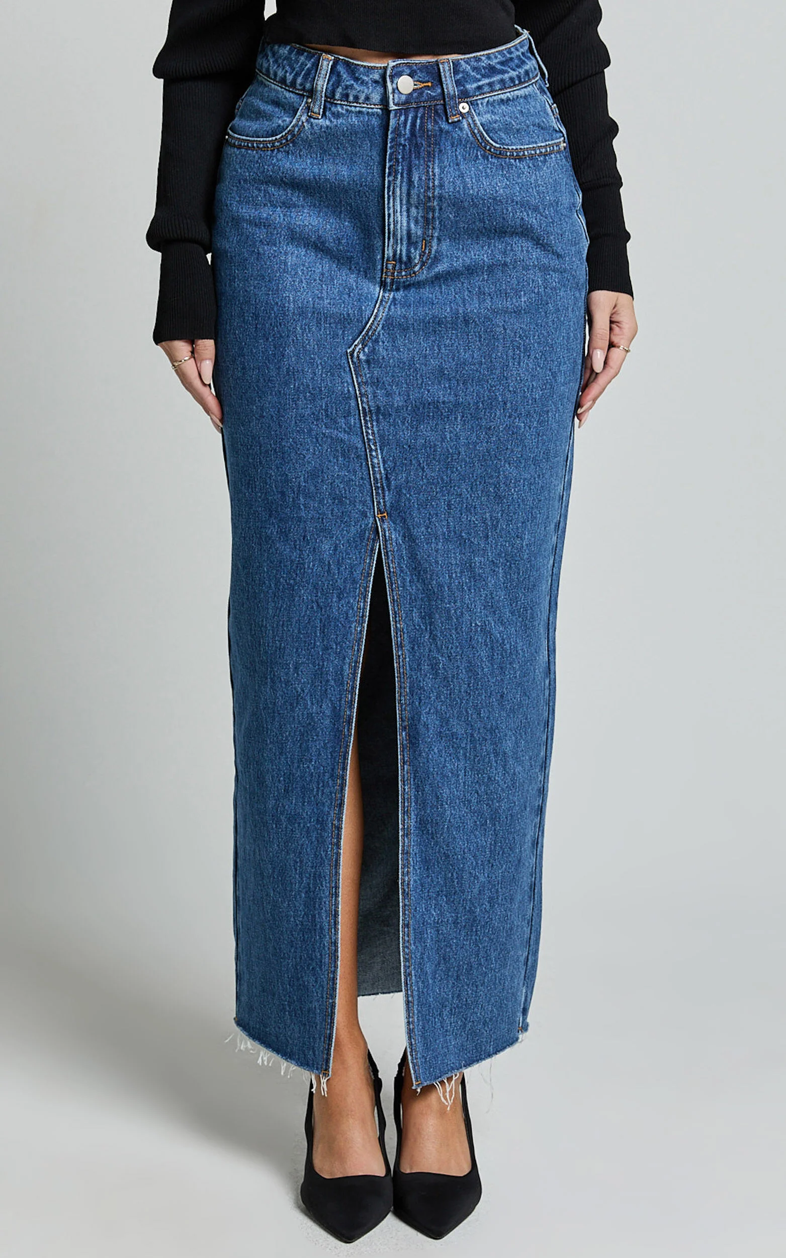 Kira Midi Skirt - Front Split Denim Skirt in Dark Blue Wash