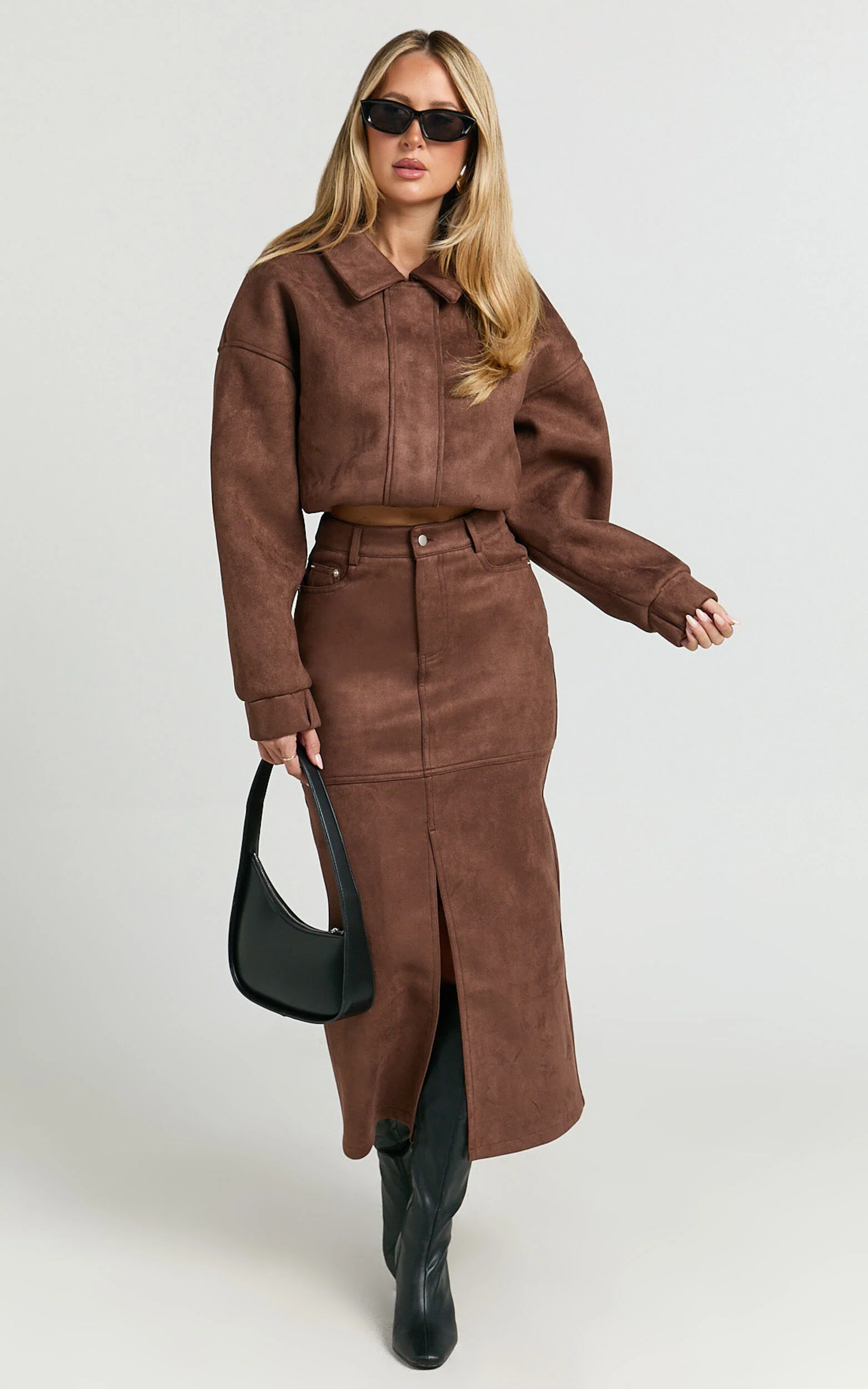 Nessa Midi Skirt - High Waisted Fitted Suede Skirt in Dark Chestnut