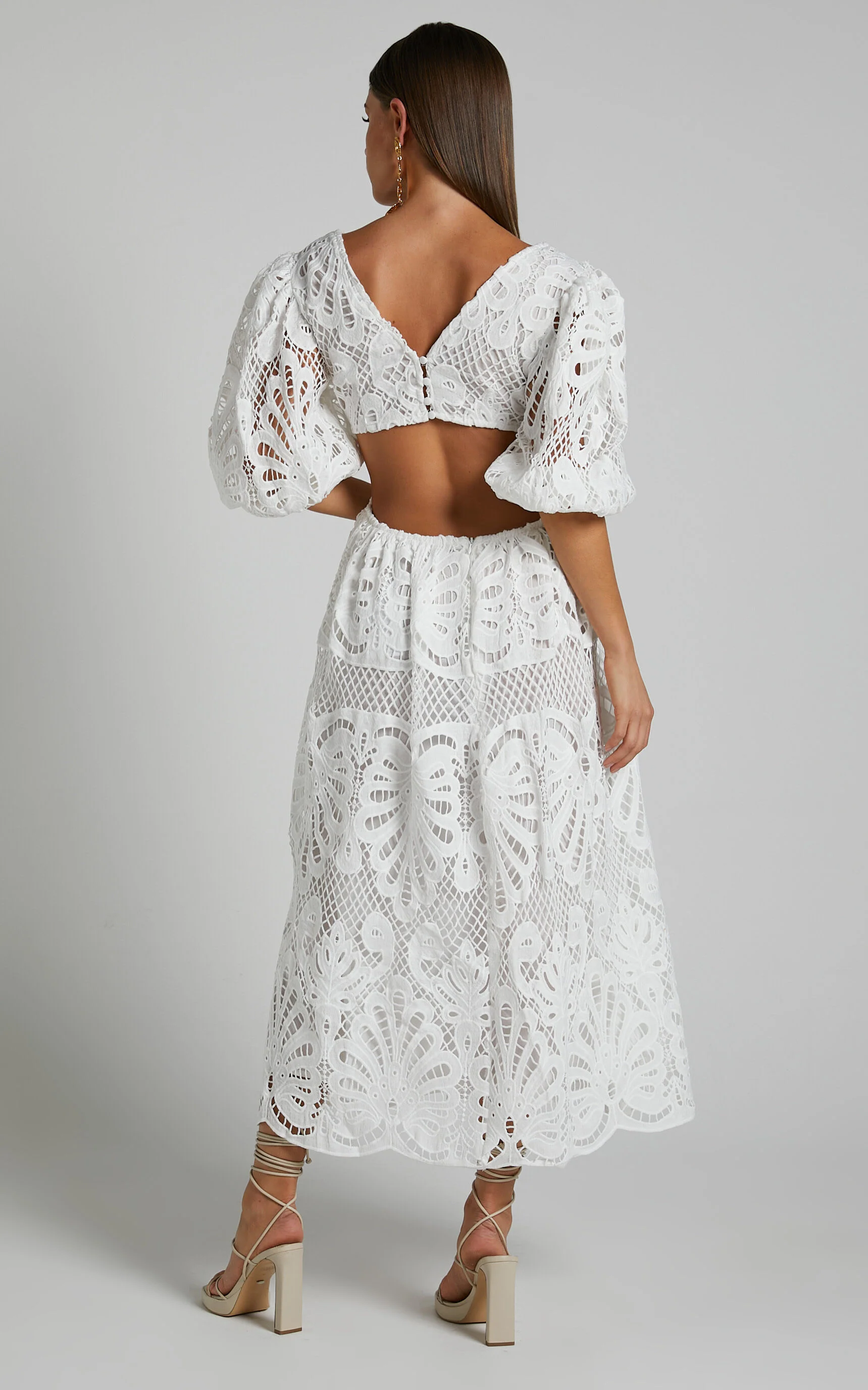 Anieshaya Midi Dress - V Neck Cut Out Lace Dress in White