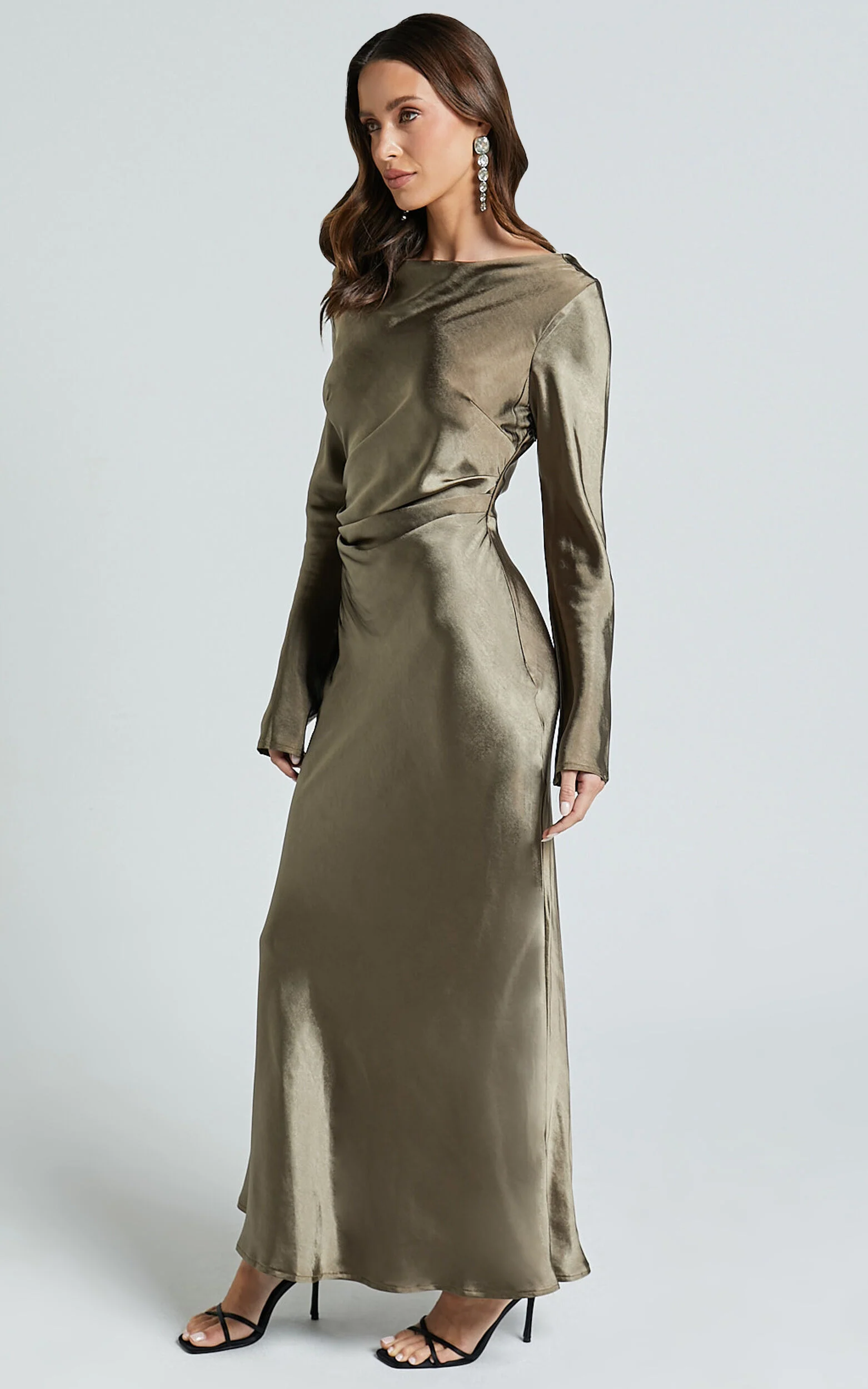 Arriana Midi Dress - Long Sleeve Cowl Back Satin Dress in Dark Olive