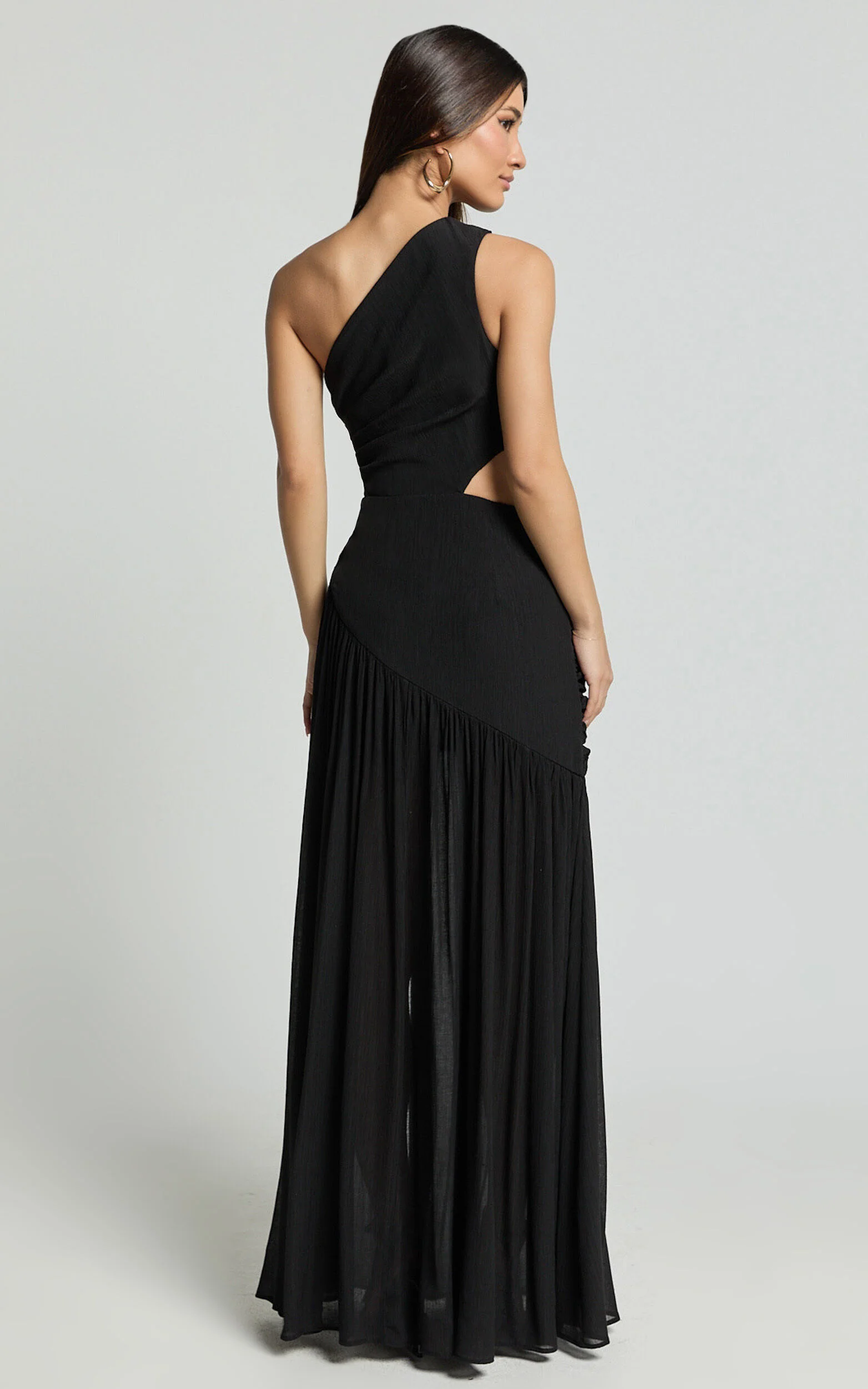 Darcy Maxi Dress - One Shoulder Side Cut Out Gathered Dress in Black