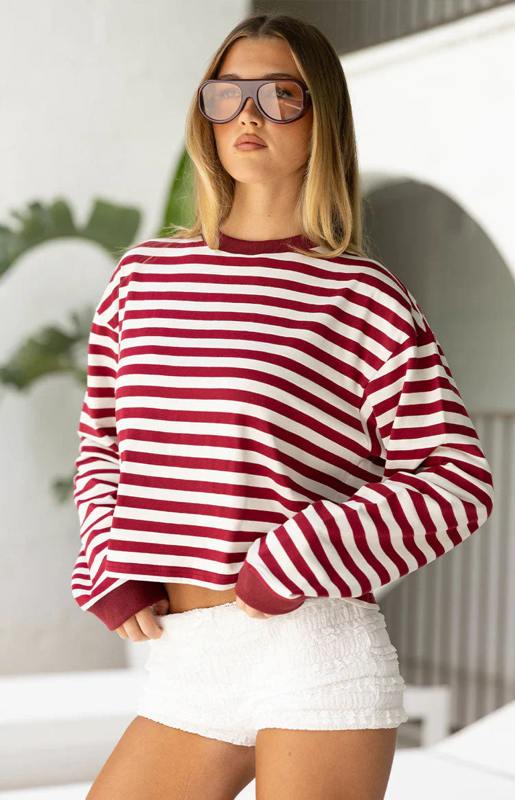 So Breezy Burgundy Stripe Long Sleeve Top