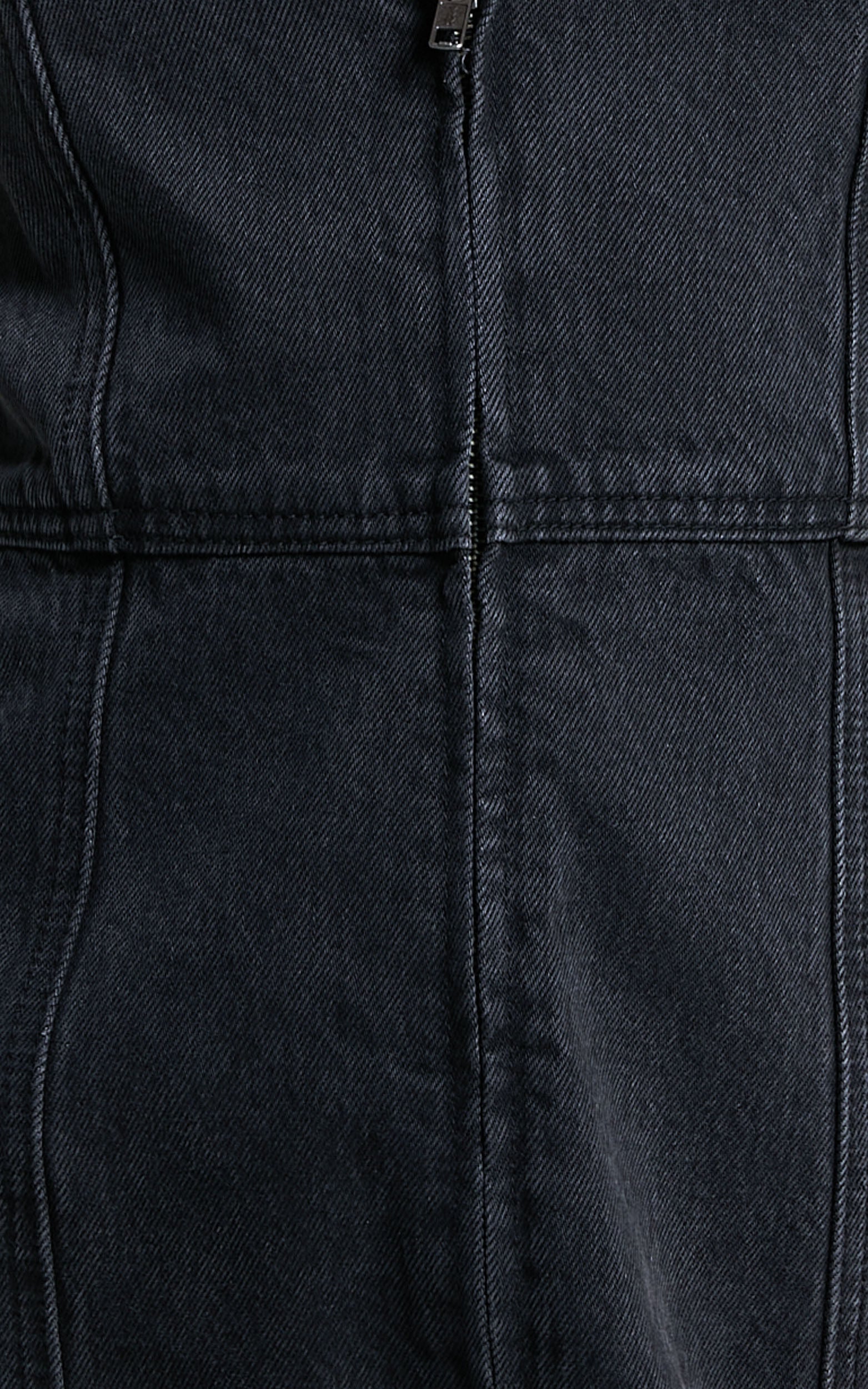 Chrysoula Mini Dress - Square Neck Zip Front Sleeveless Bodycon Denim in Washed Black