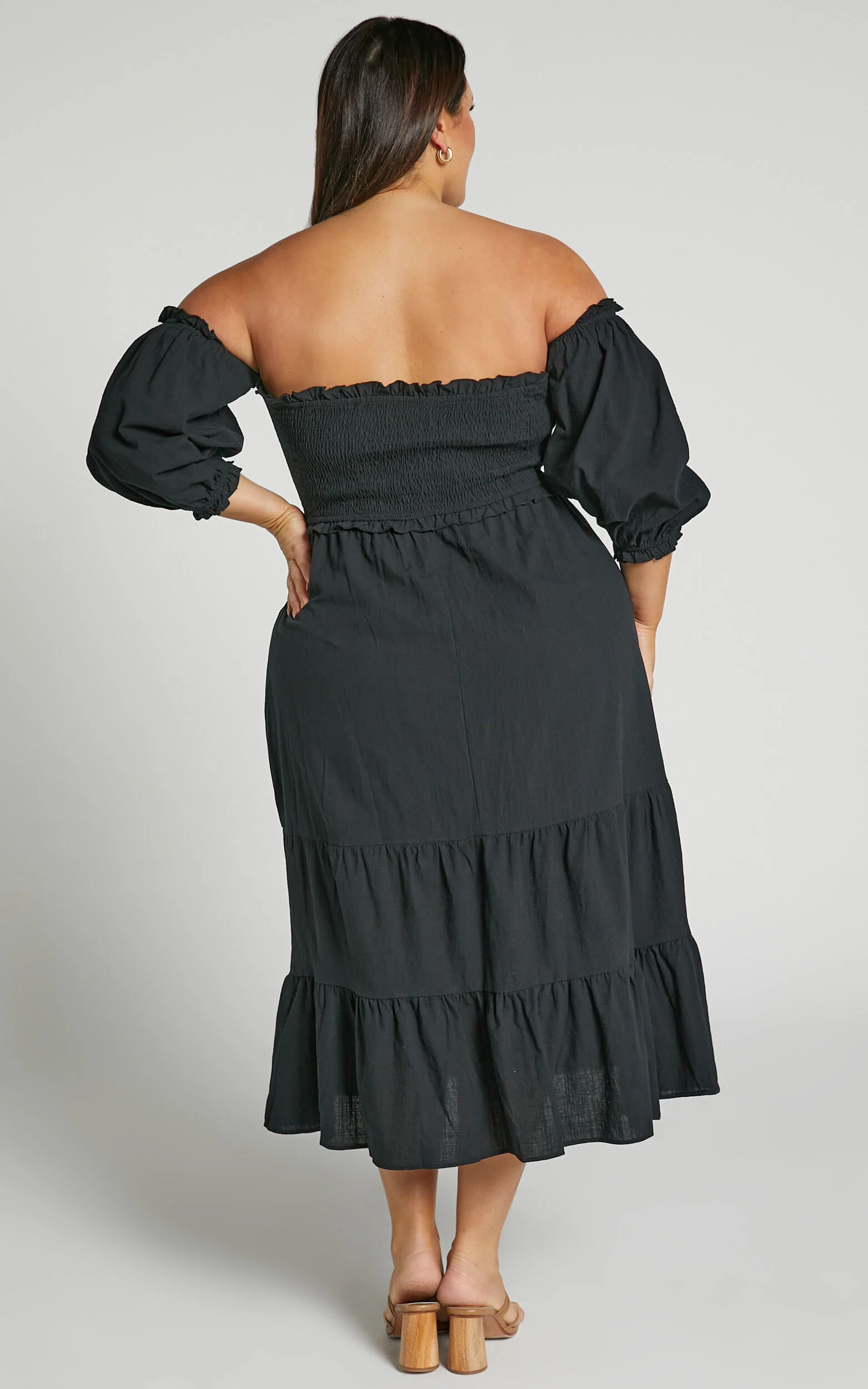 Nikka Midi Linen Dress - Shirred Off Shoulder Puff Sleeve Dress in Black