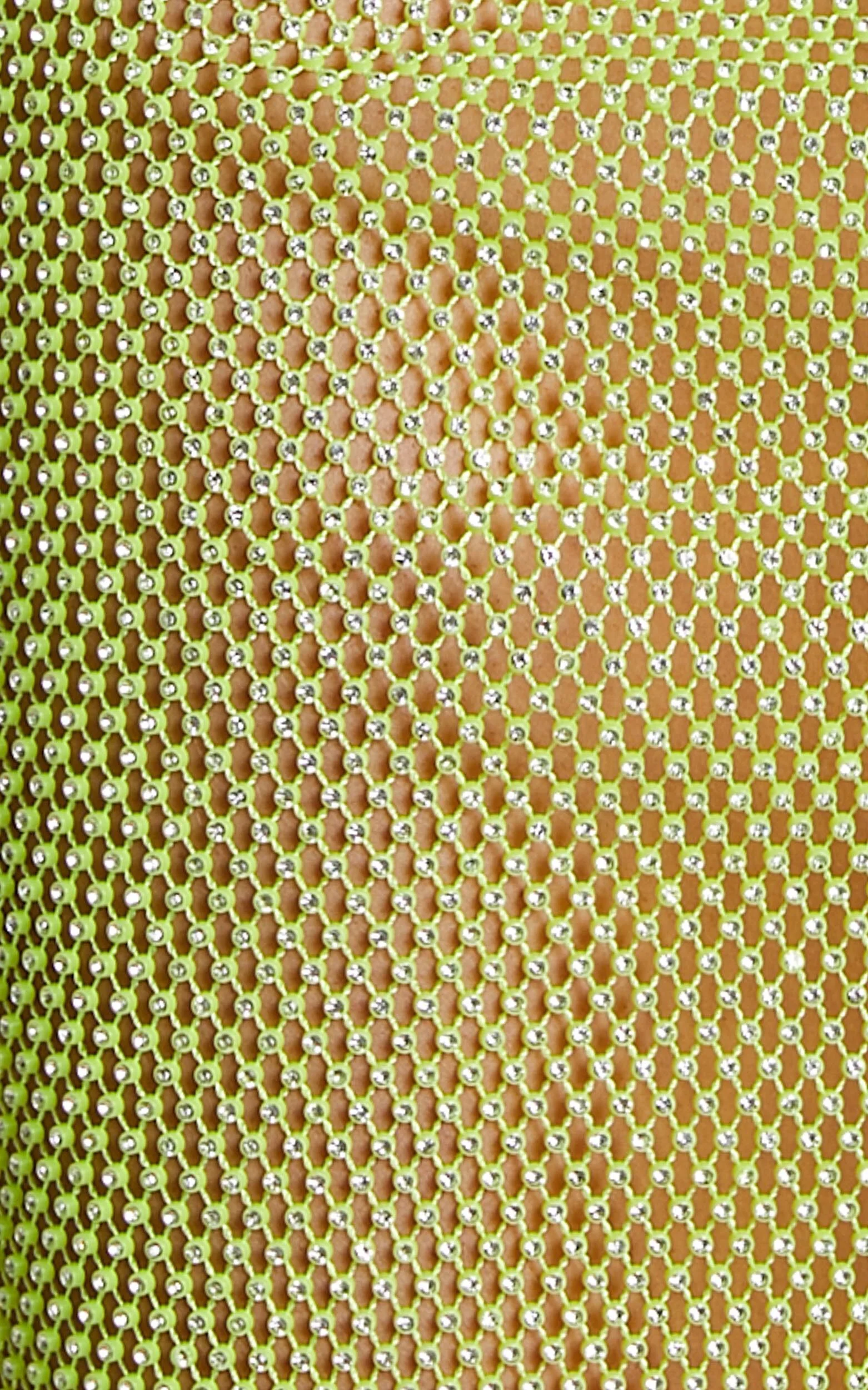 Karmen Midi Dress - Long Sleeve Split Diamante Mesh Dress in Lime