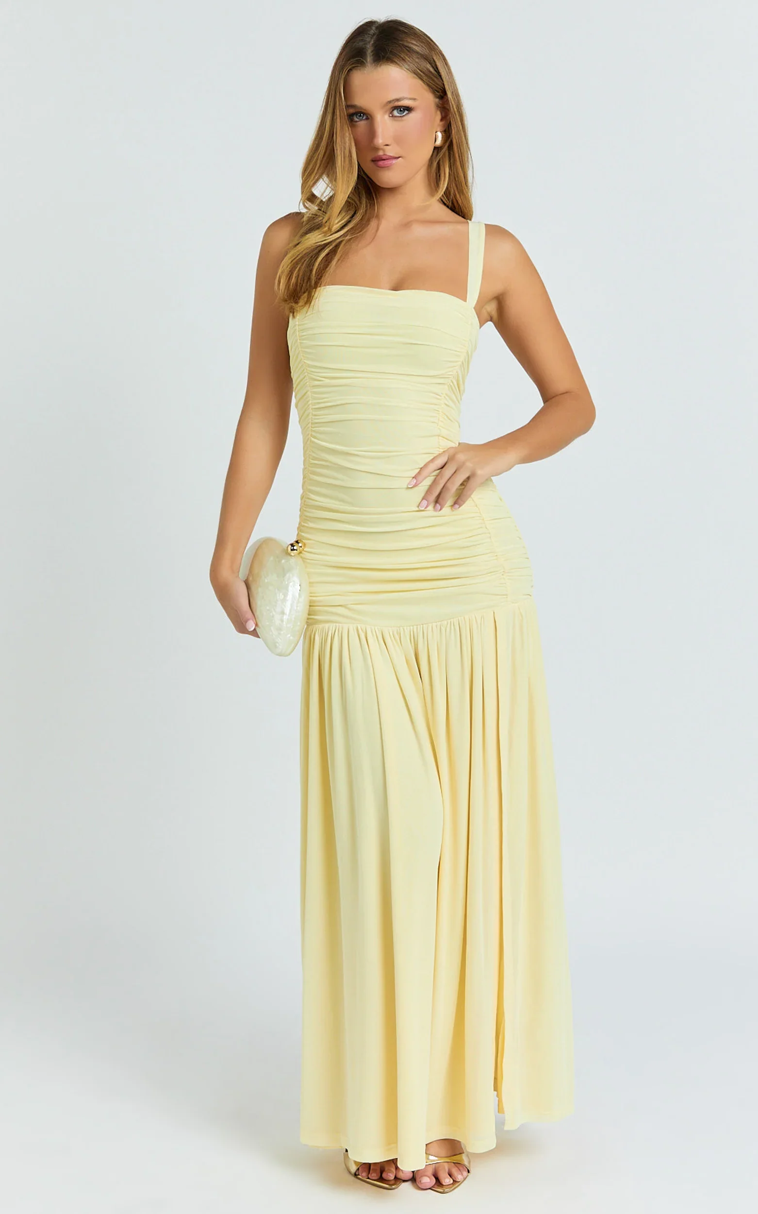 Cardi Maxi Dress - Ruched Mesh High Leg Split Dress in Lemon
