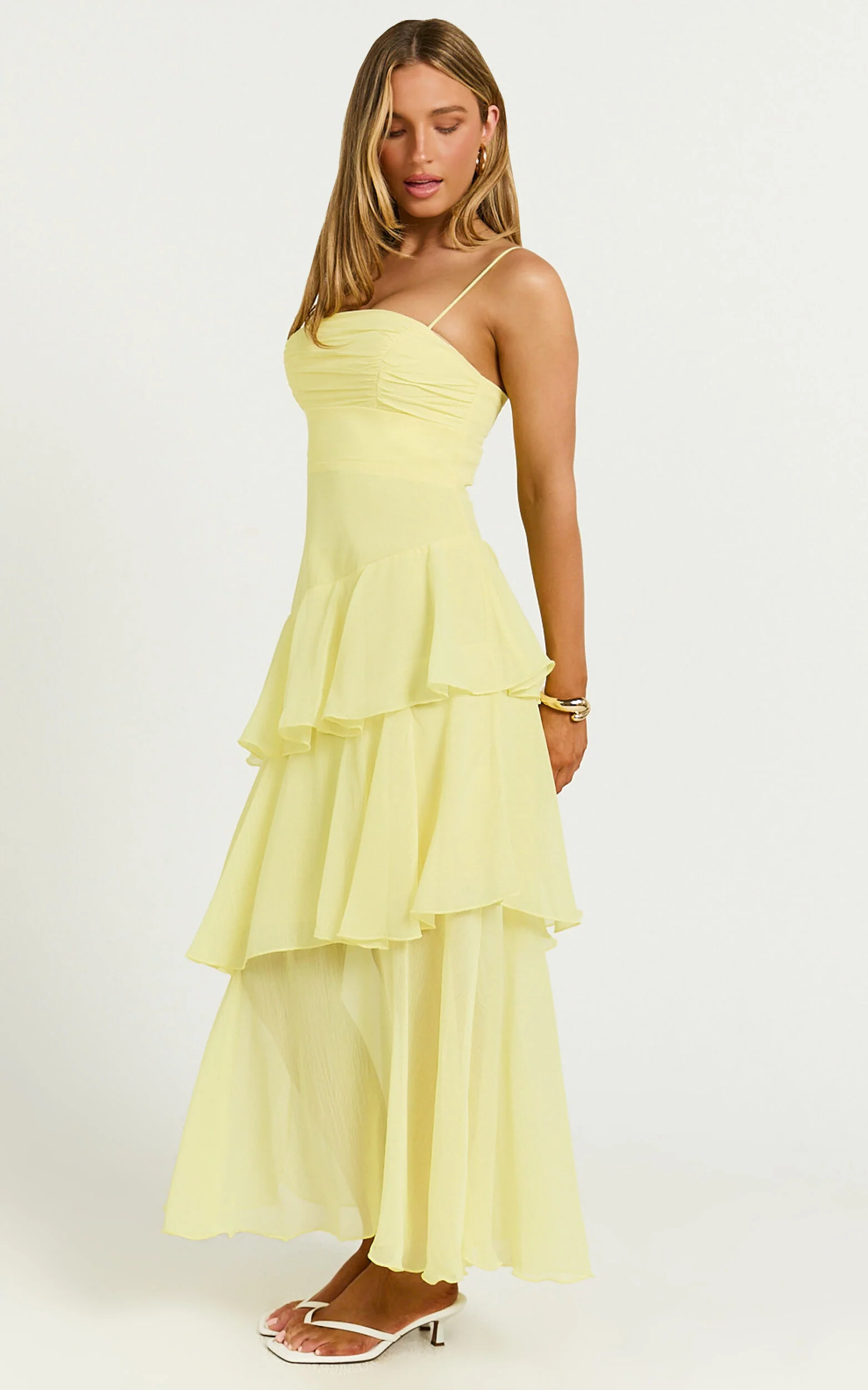 Johanna Midi Dress - Straight Neck Tiered Dress in Lemon