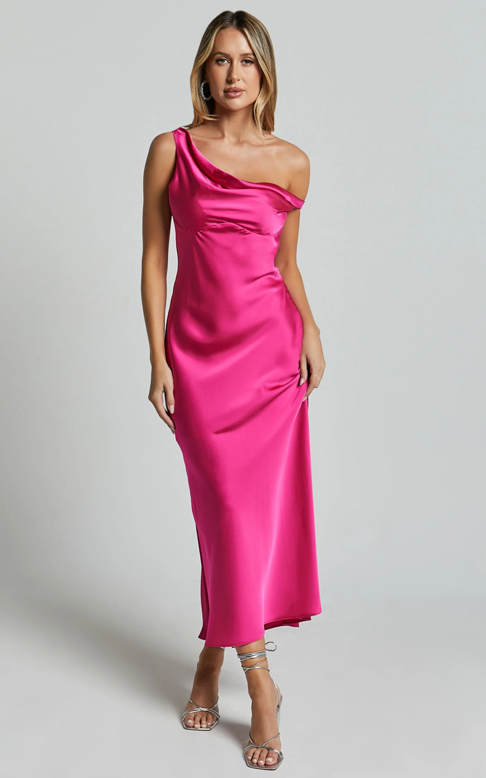 Alexia Midi Dress - One Shoulder Bust Slip Dress in Fuschia
