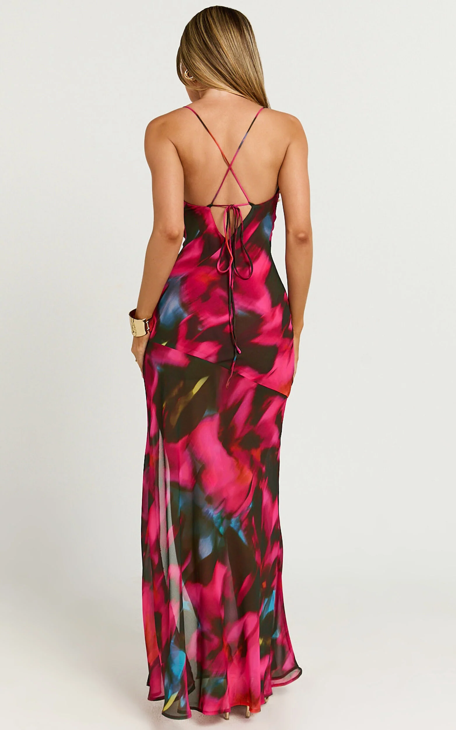 Talia Maxi Dress - Cowl Neck Low Back Dress in Hyper Tropical Print