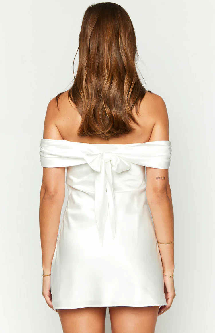 Primrose White Satin Off the Shoulder Mini Dress