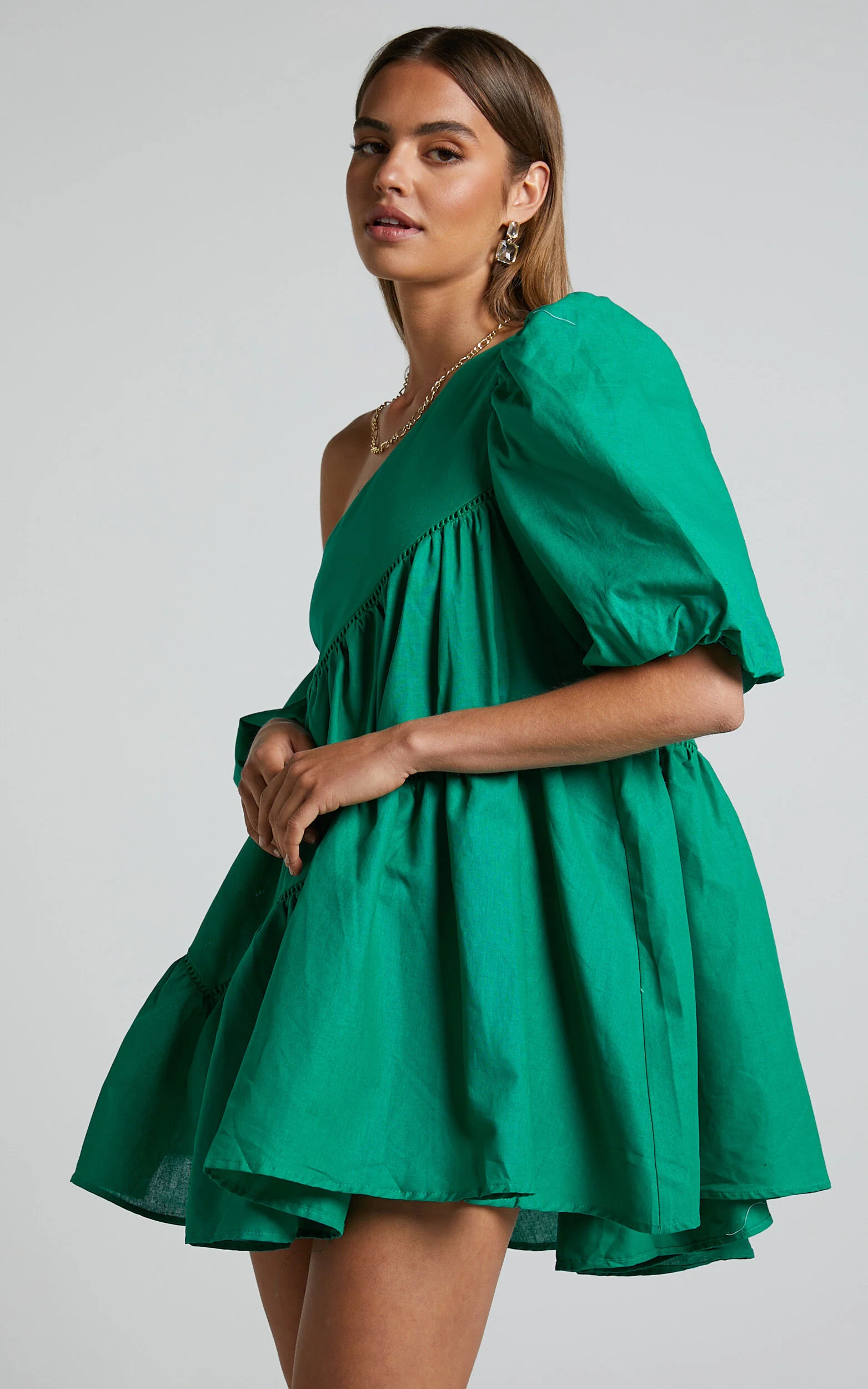 Harleen Mini Dress - Linen Asymmetrical Trim Puff Sleeve Dress in Green
