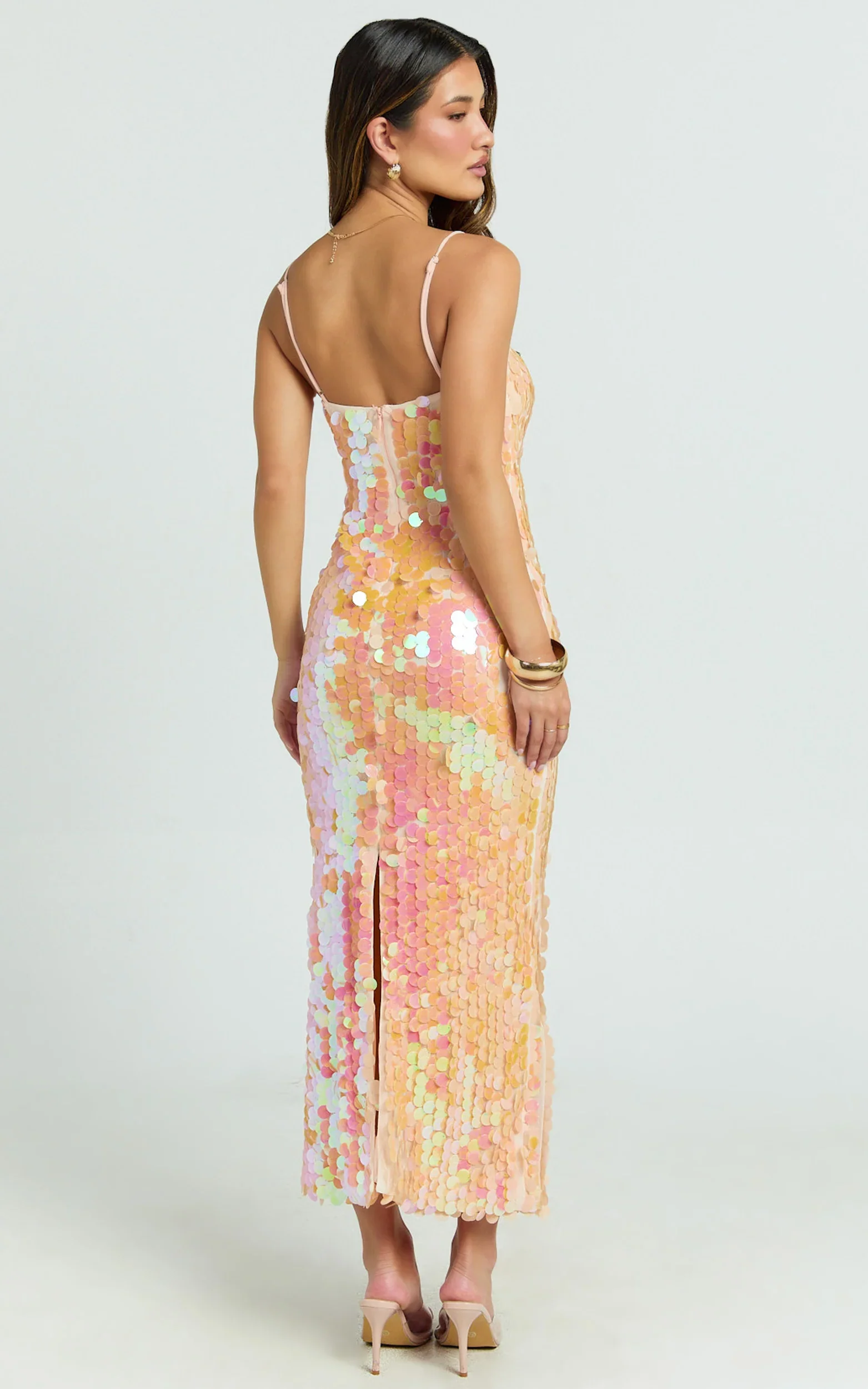 Casey Midi Dress - Square Neck Sequin Bodycon Dress in Peach