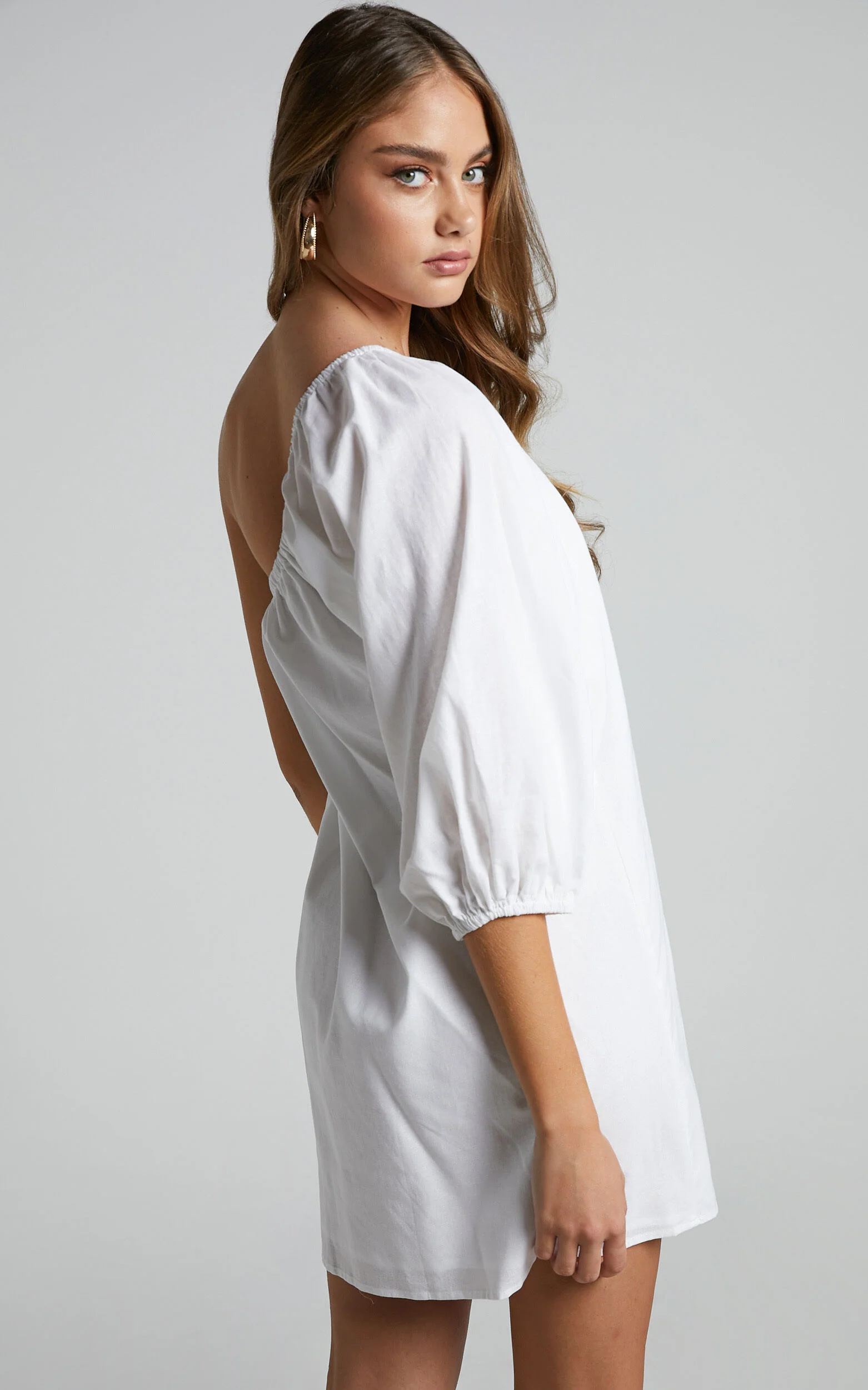 Estella Mini Dress - One Shoulder Puff Sleeve Shift Dress in White