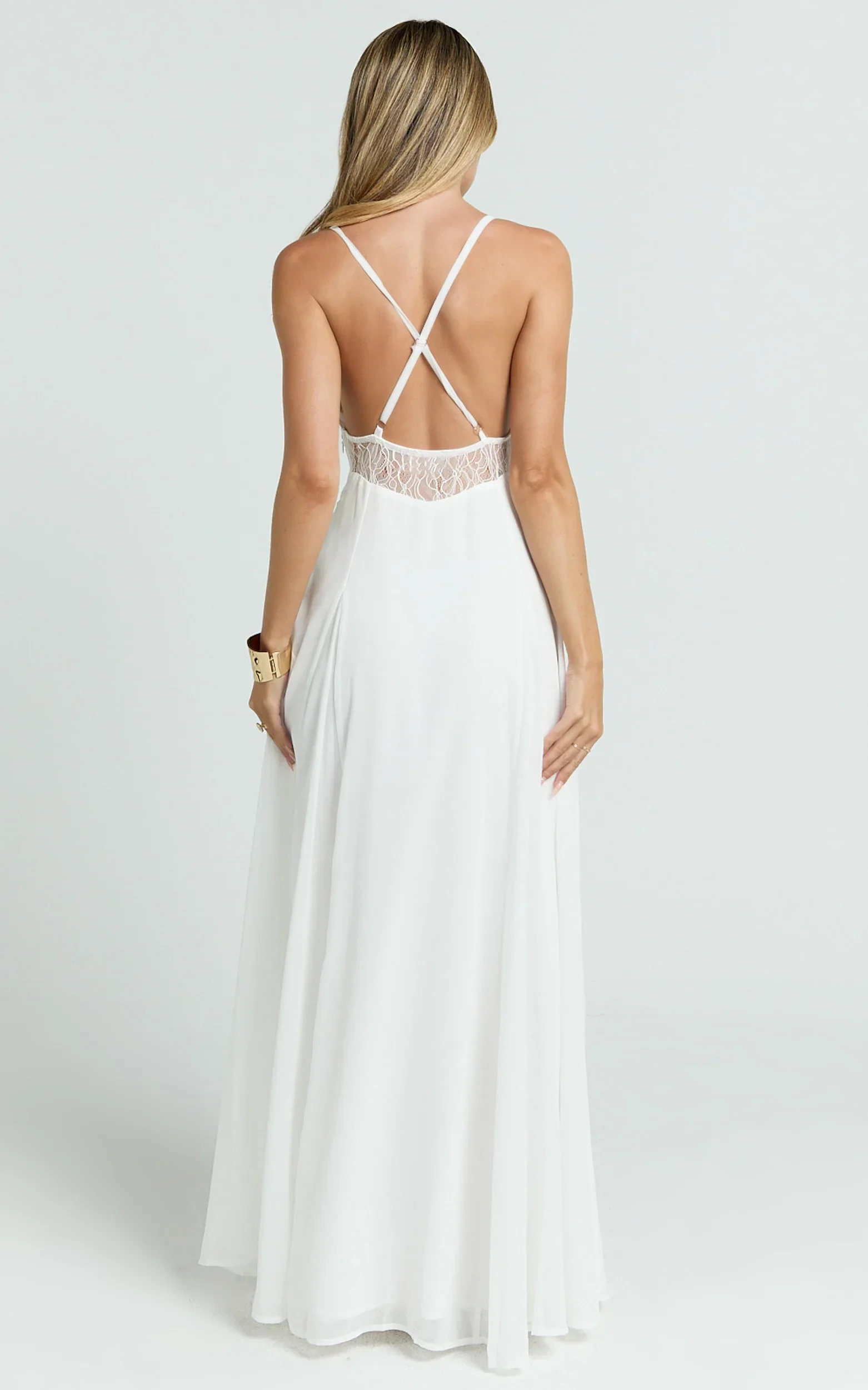 Ysolde Maxi Dress - V Neck Low Back Fit And Flare Dress in White