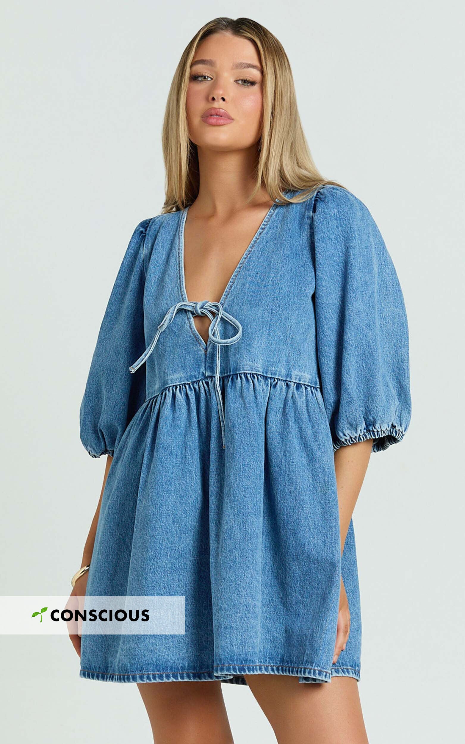 Shailene Mini Dress - Tie Front Puff Sleeve Recycled Denim Dress in Mid Blue Wash