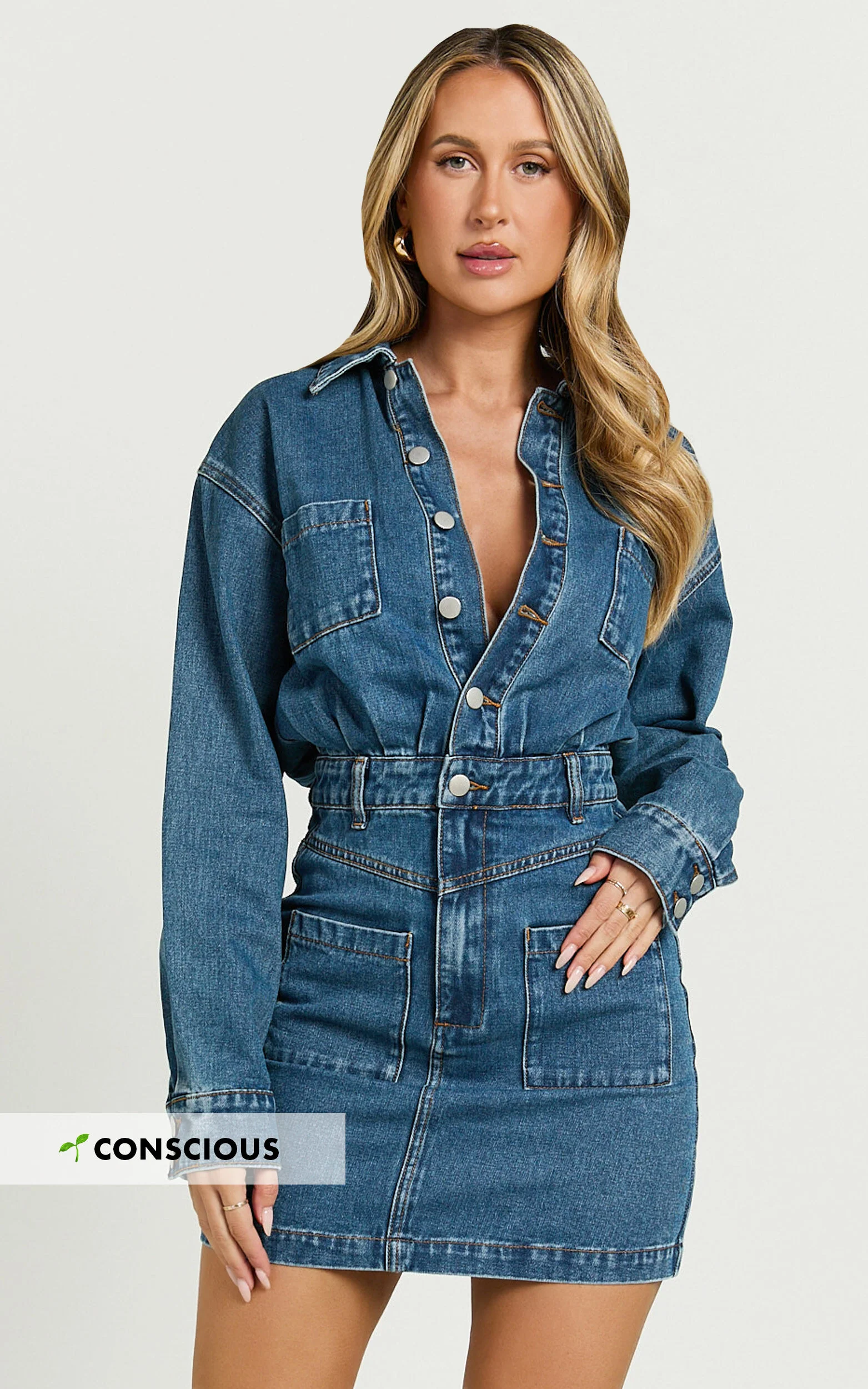Kamala Mini Dress - Long Sleeve Button Through Denim Dress in Dark Blue Wash