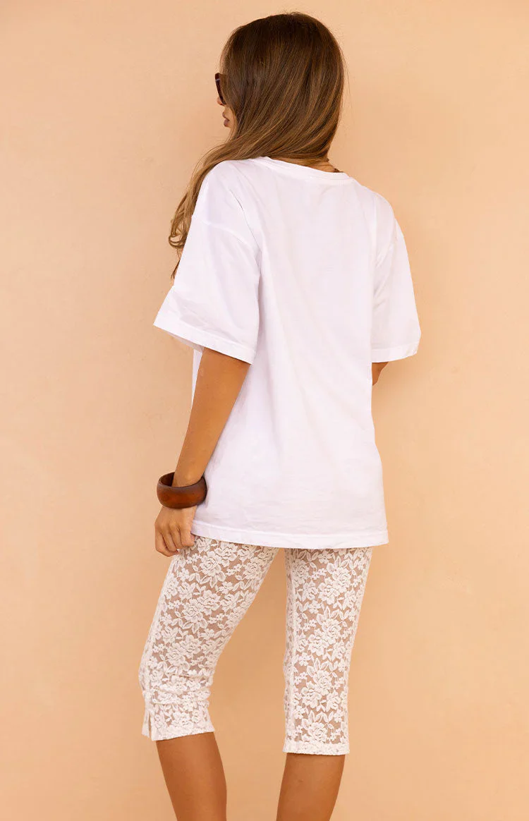Lydia White Lace Mid Rise Capri Pants