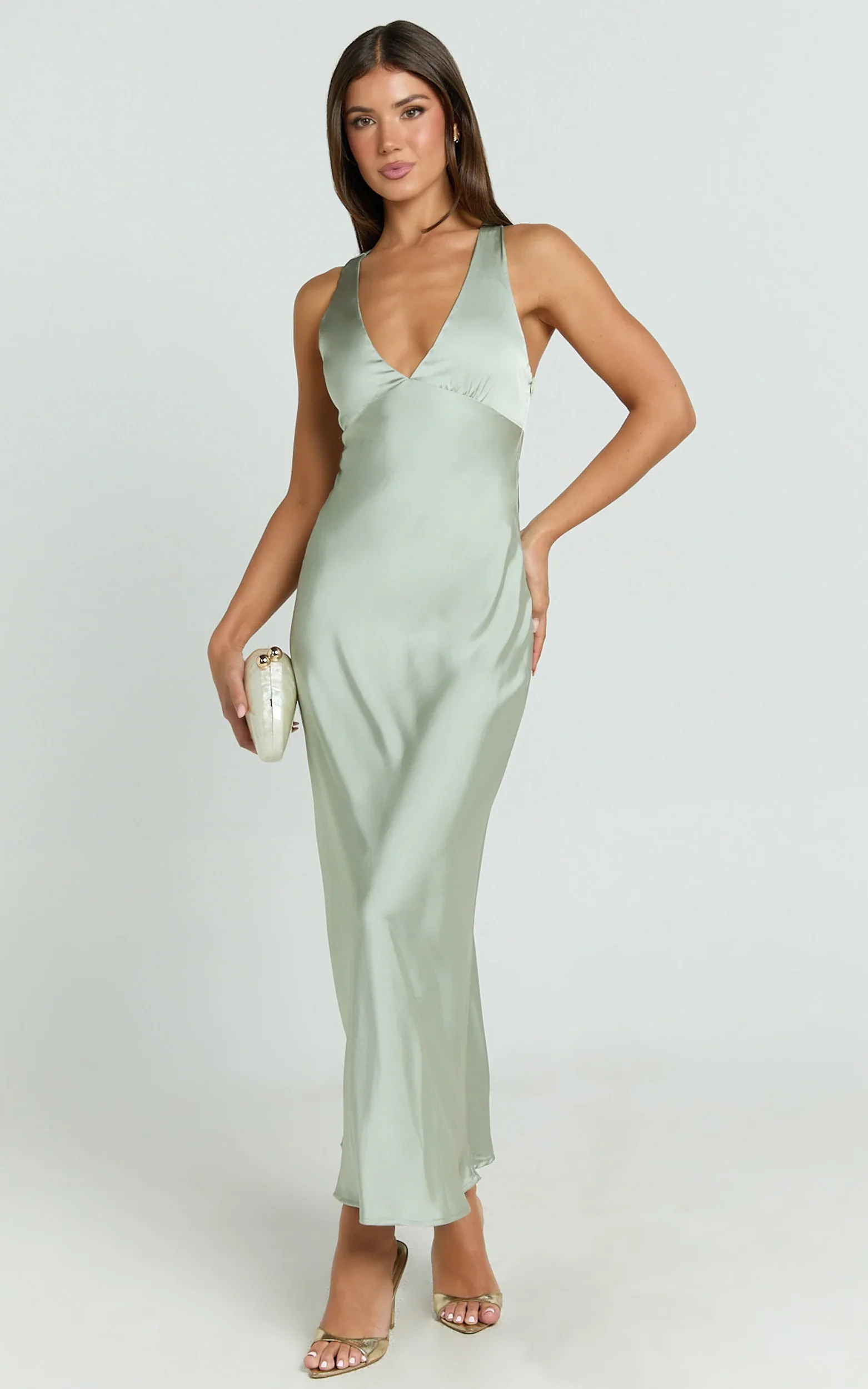 Khalani Midi Dress - Deep V Neck Satin Slip Dress in Sage