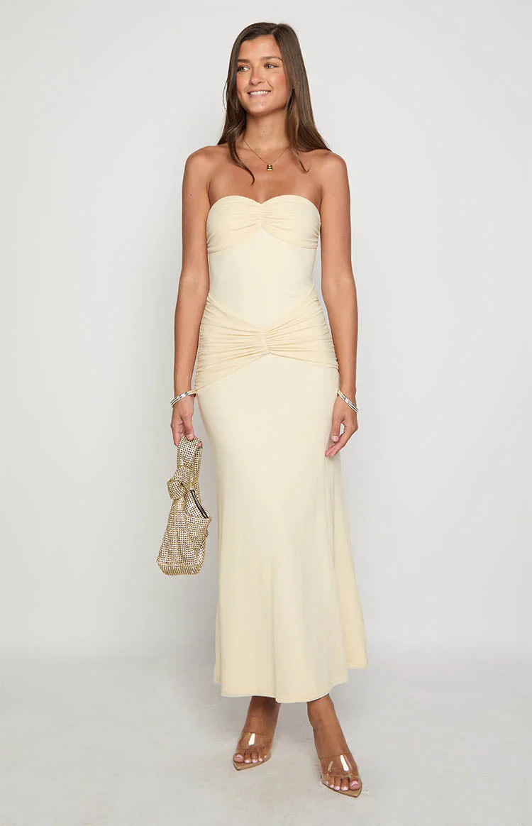 Krissy Cream Mesh Strapless Maxi Dress