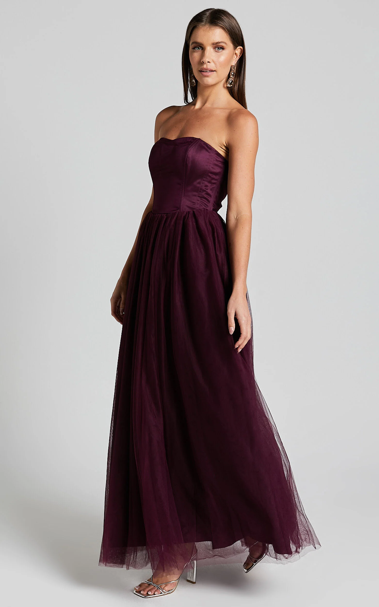 Gemma Maxi Dress - Strapless Sweetheart Tulle Fit & Flare in Aubergine