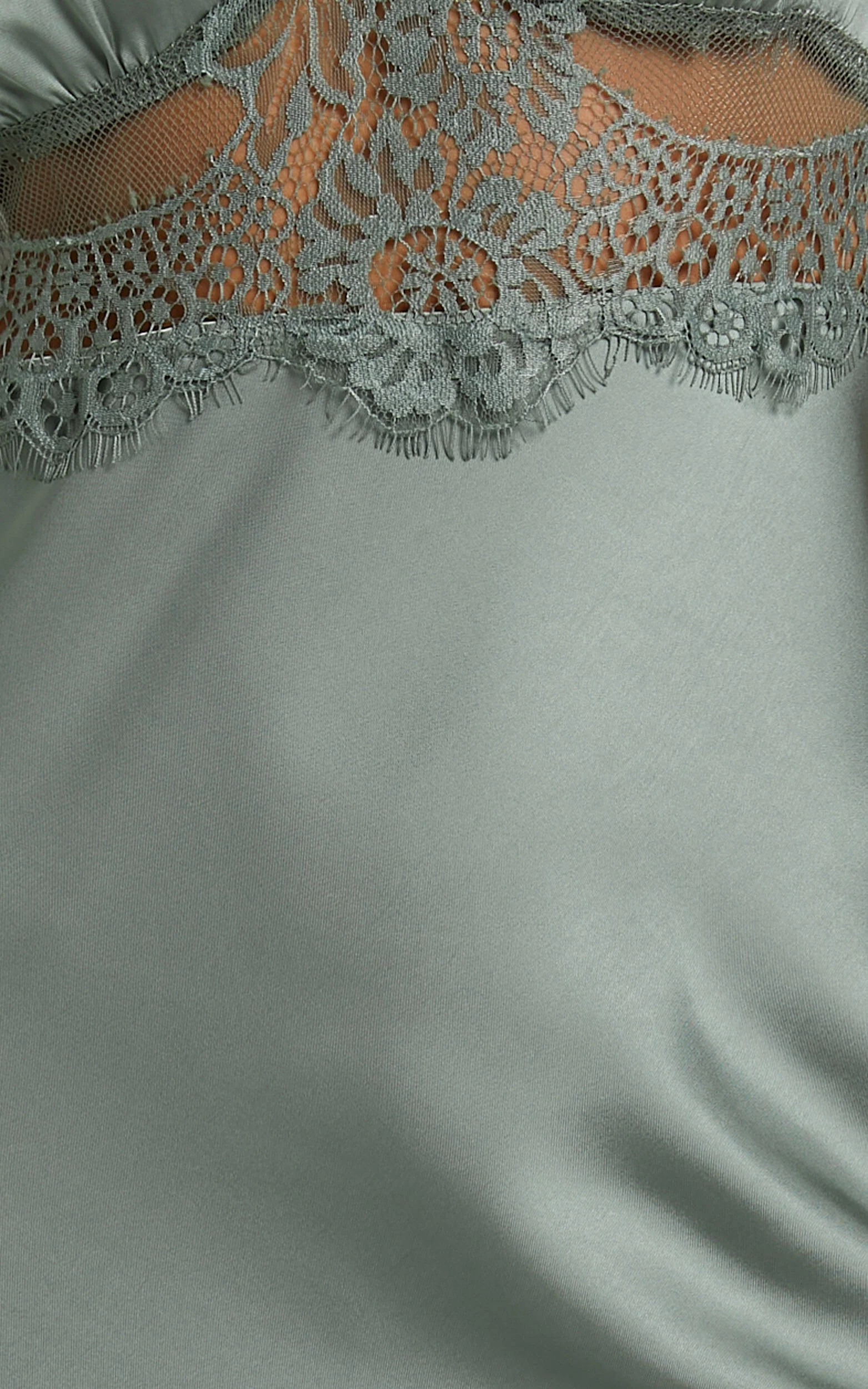 Juliet Midi Dress - V Neck Lace Insert Satin Slip Dress in Olive