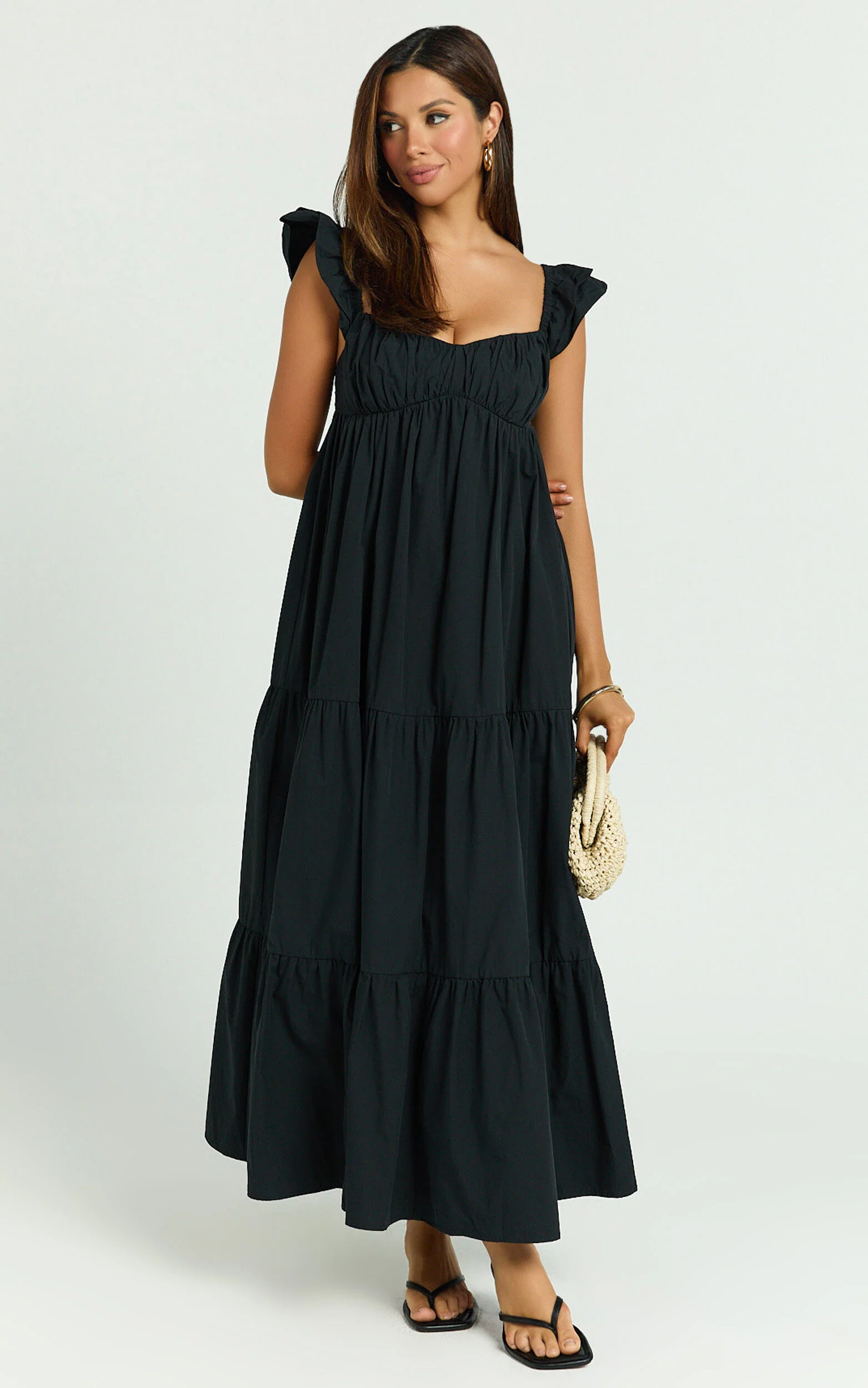Brienne Midi Dress - Flutter Sleeve Tie Back Dress in Black