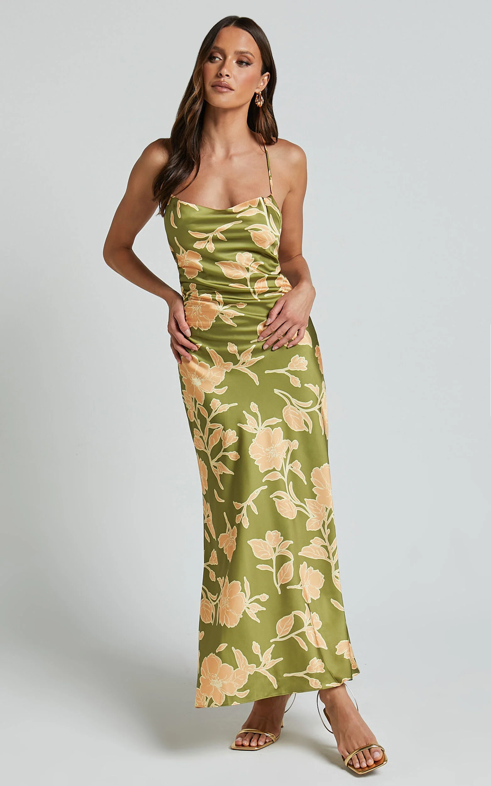 Aisling Midi Dress - Cowl Neck Satin Bias Midi Dress in Olive