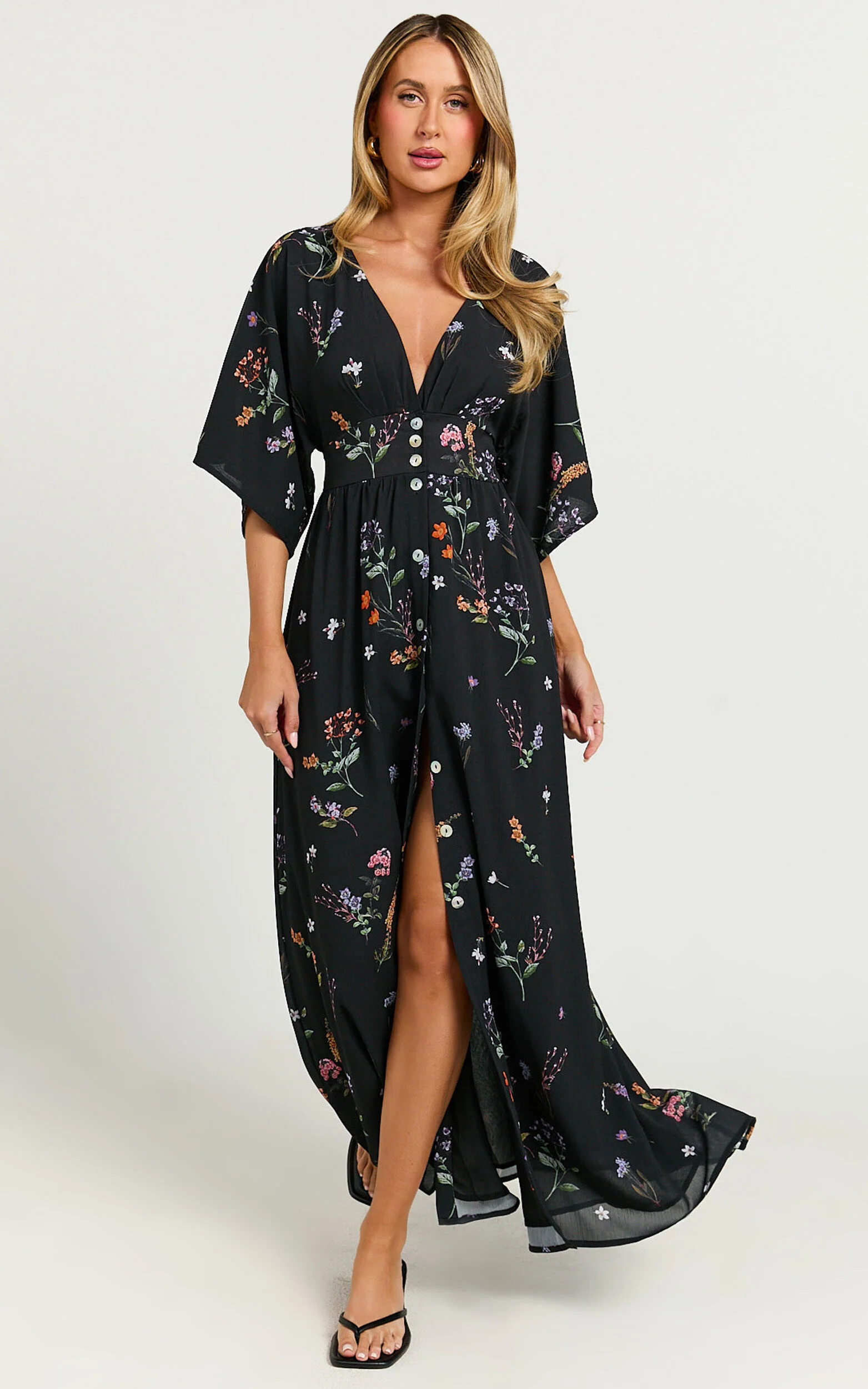Inka Midi Dress - Short Sleeve Button Down Dress in Black Flower Field