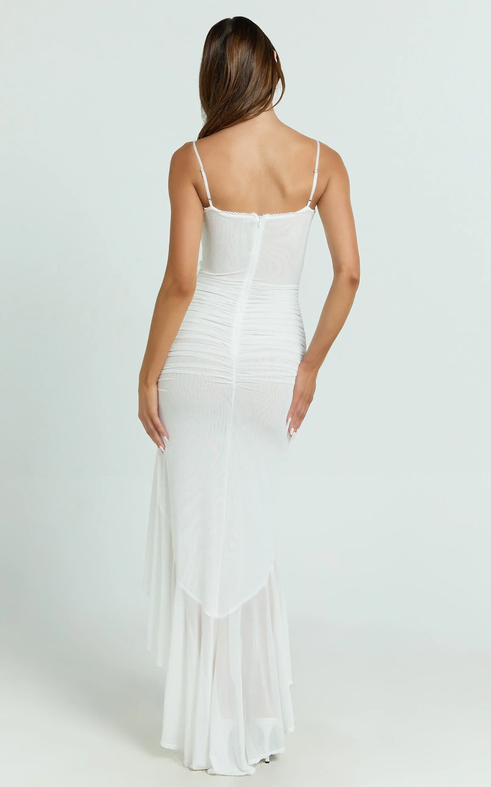 Brionna Midi Dress - Lace Neck Ruched Ruffle Hem Dress in White