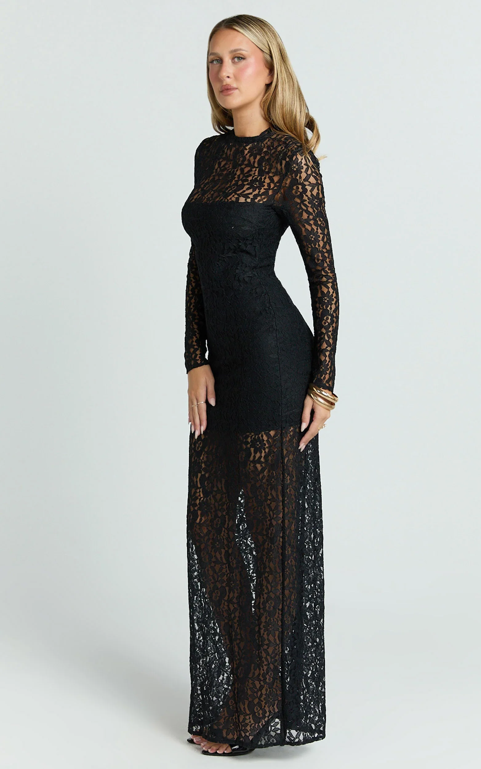 Andrea Maxi Dress - Lace High Neck Long Sleeve Dress in Black