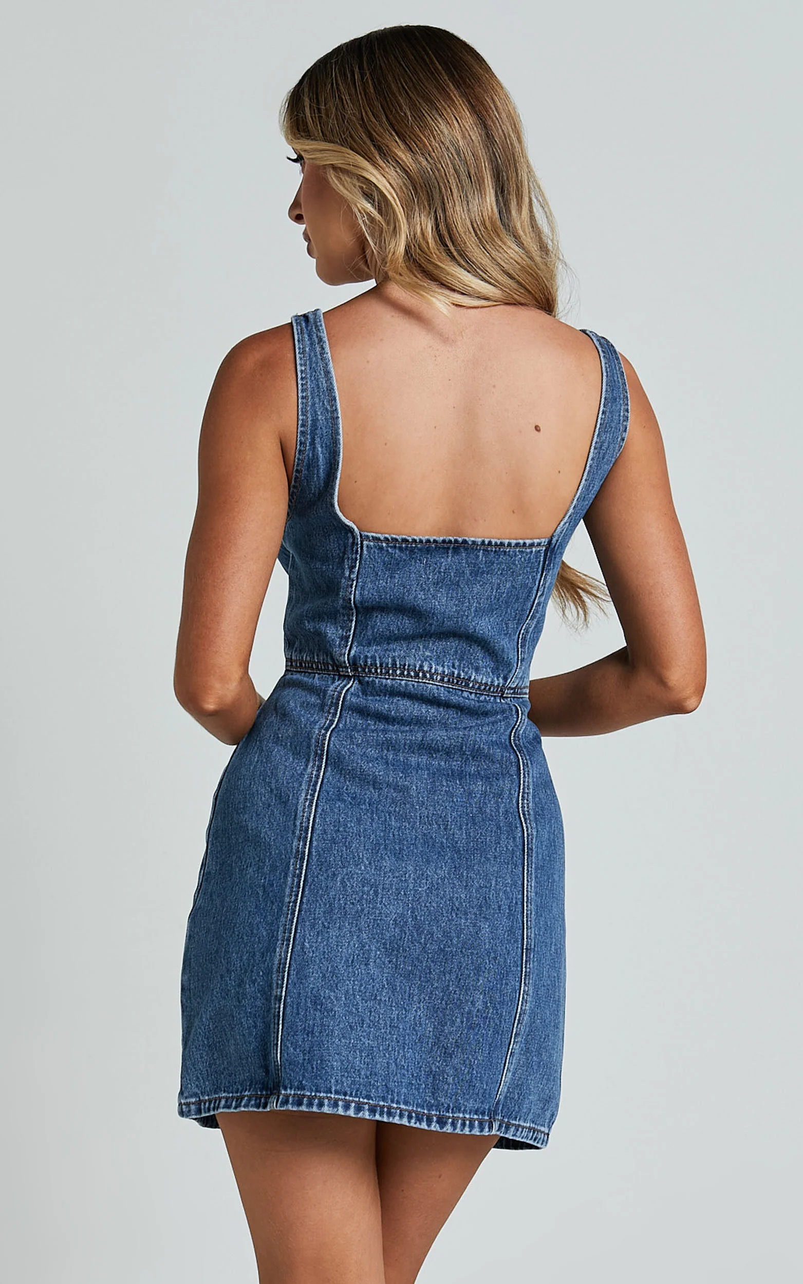 Chrysoula Mini Dress - Square Neck Zip Front Sleeveless Bodycon Denim in Mid Blue Wash