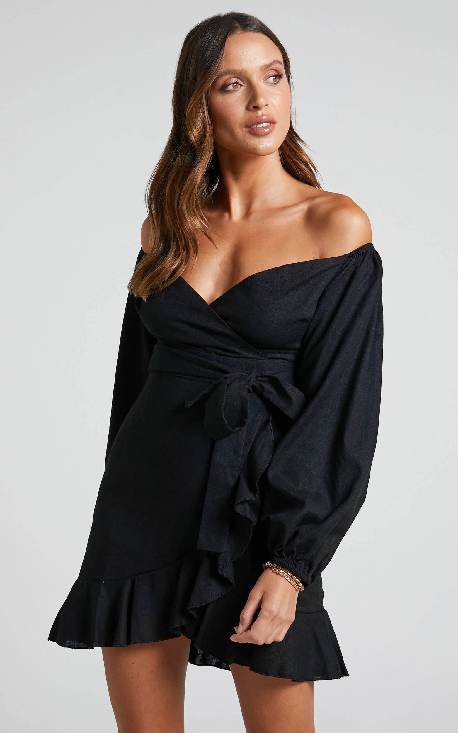 Cant Move On Off Shoulder Mini Linen Dress in Black Linen Look