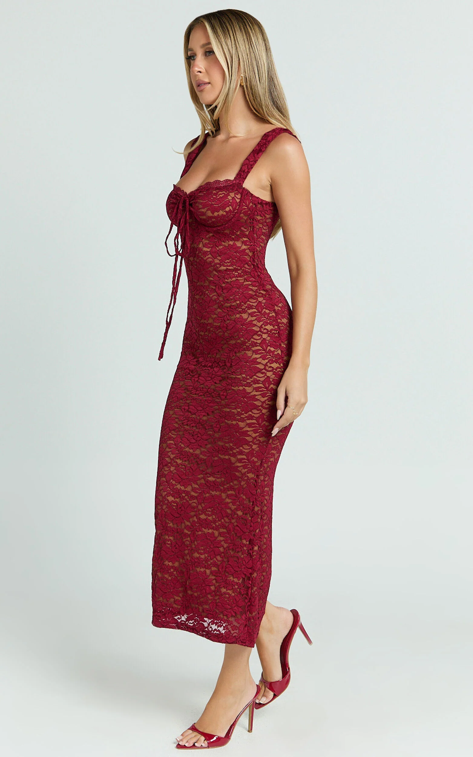 Collette Midi Dress - Ruched Bust Wide Strap Detail Lace Midi Dress in Wine