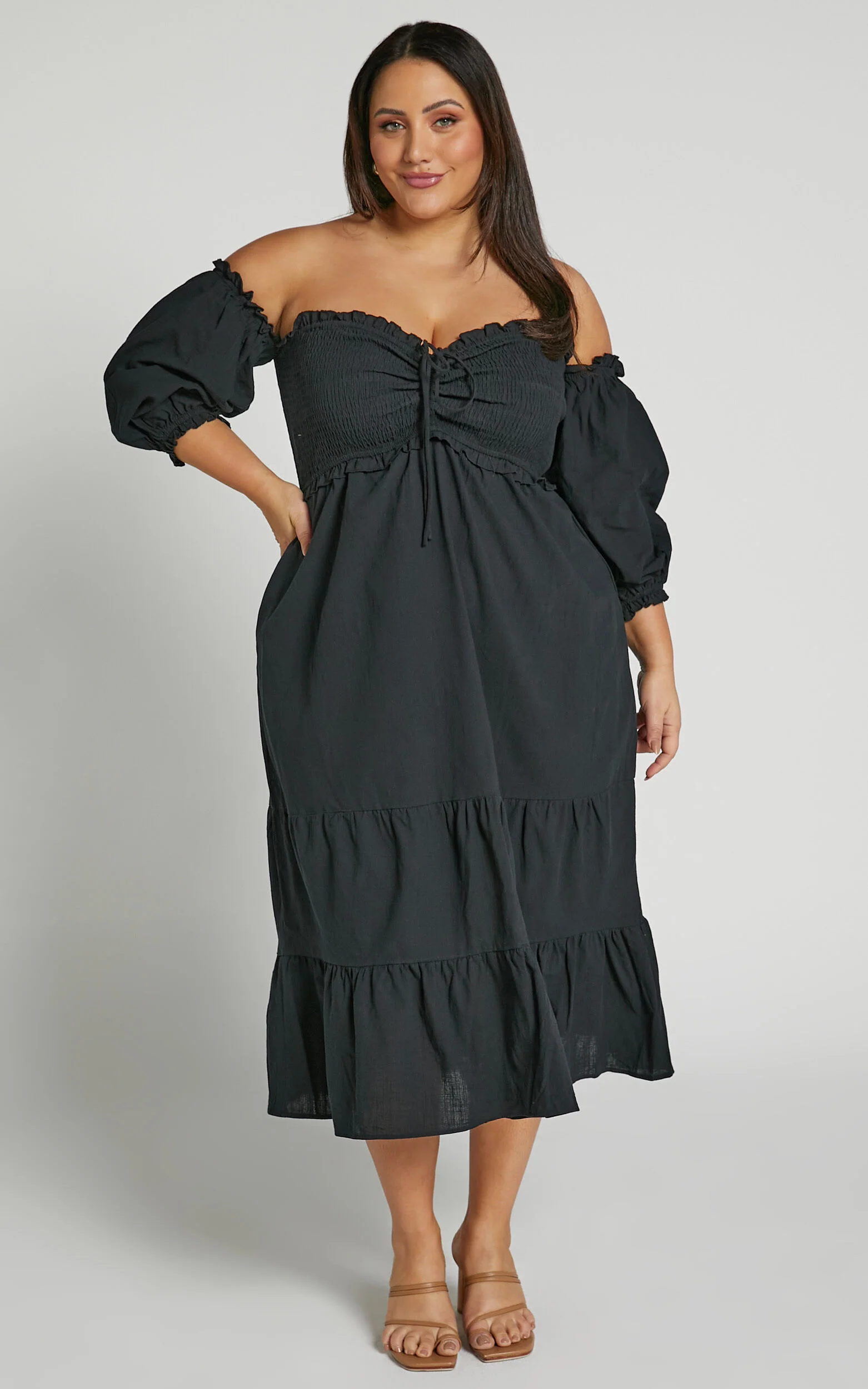 Nikka Midi Linen Dress - Shirred Off Shoulder Puff Sleeve Dress in Black