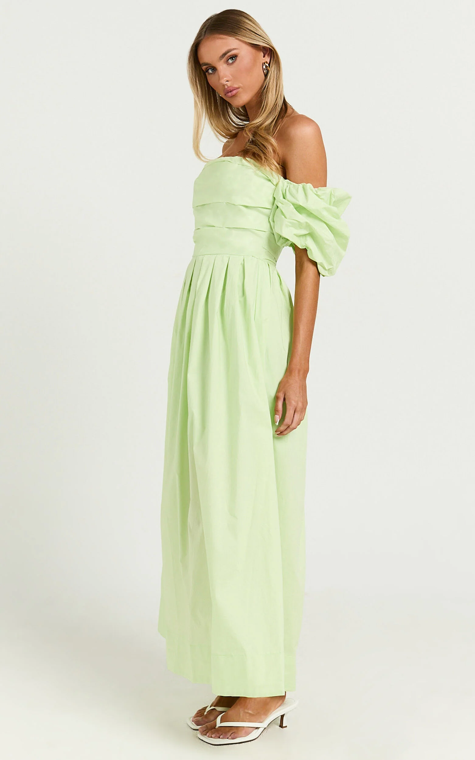 Annie Midi Dress - Off The Shoulder Ruffle Sleeve Pleated Dress in Lime