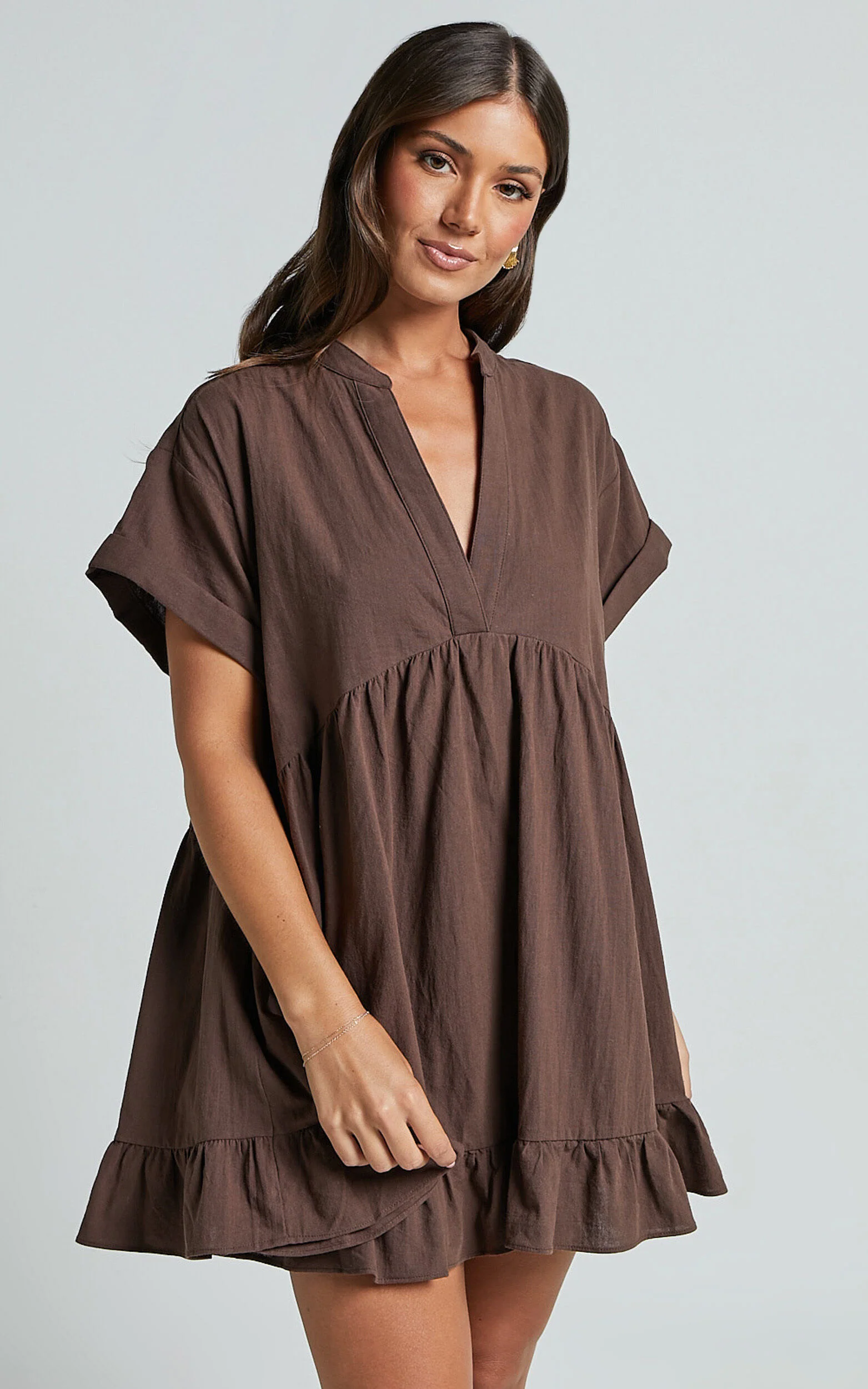 Calissa Mini Dress - Frill Hem Smock Dress in Chocolate
