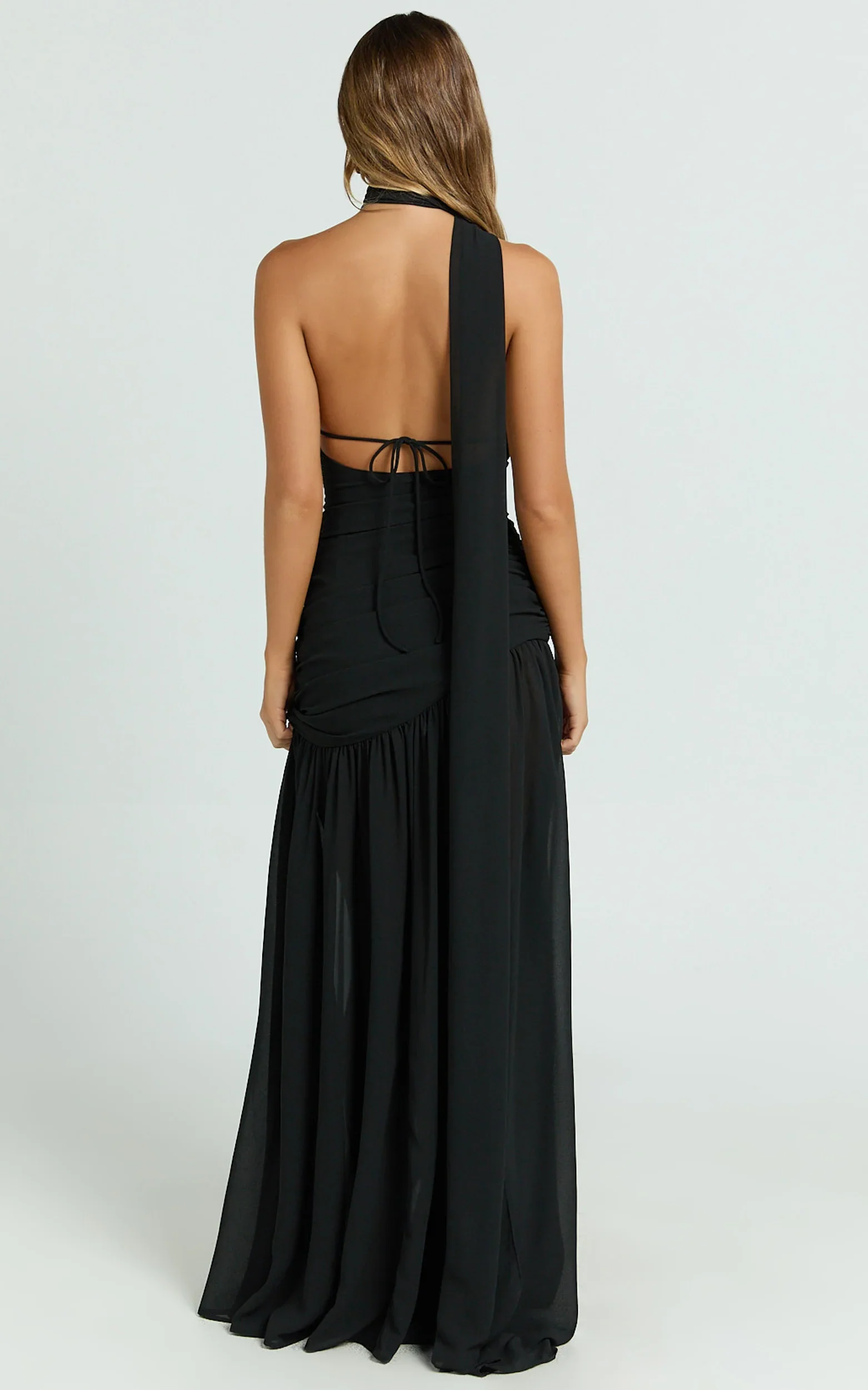 Enya Maxi Dress - One Shoulder Neck Tie Ruched High Split Dress in Black
