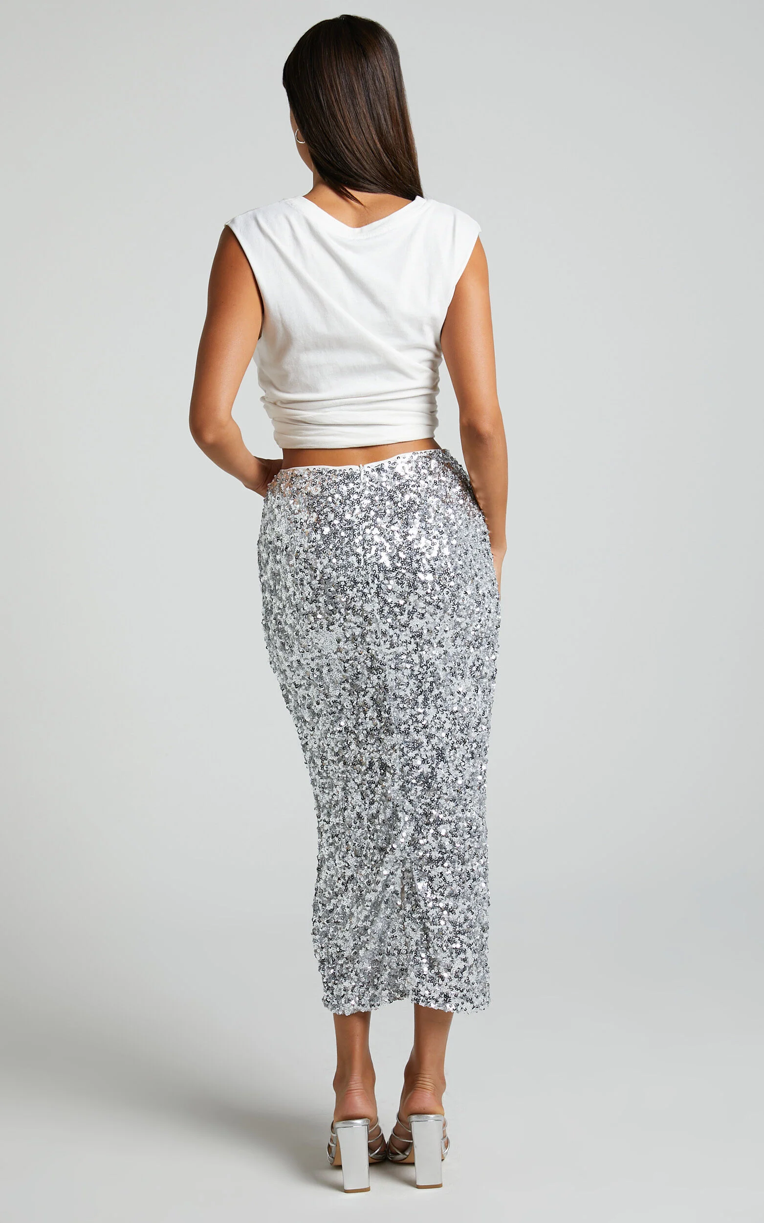 Hasley Midi Skirt - Sequin Bodycon Skirt in Silver