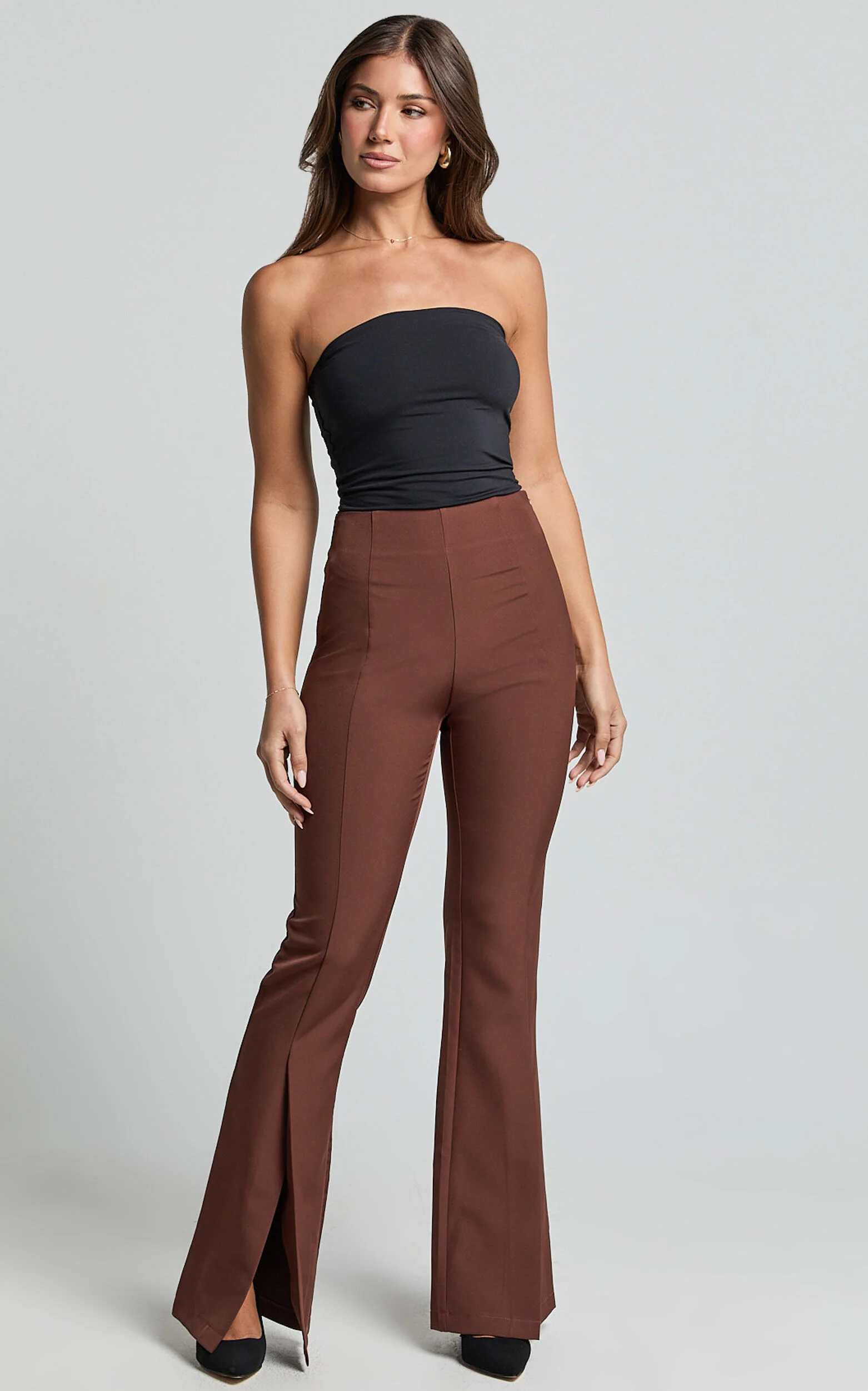 Volta Pants - Front High Waisted Split Boot Leg Kick Out Pants in Chocolate