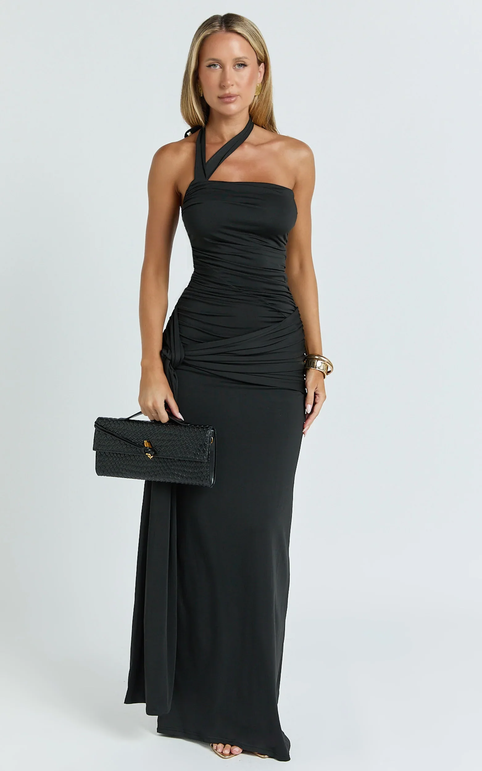 Ginny Maxi Dress - Asymmetric Neck Waist Tie Dress in Black