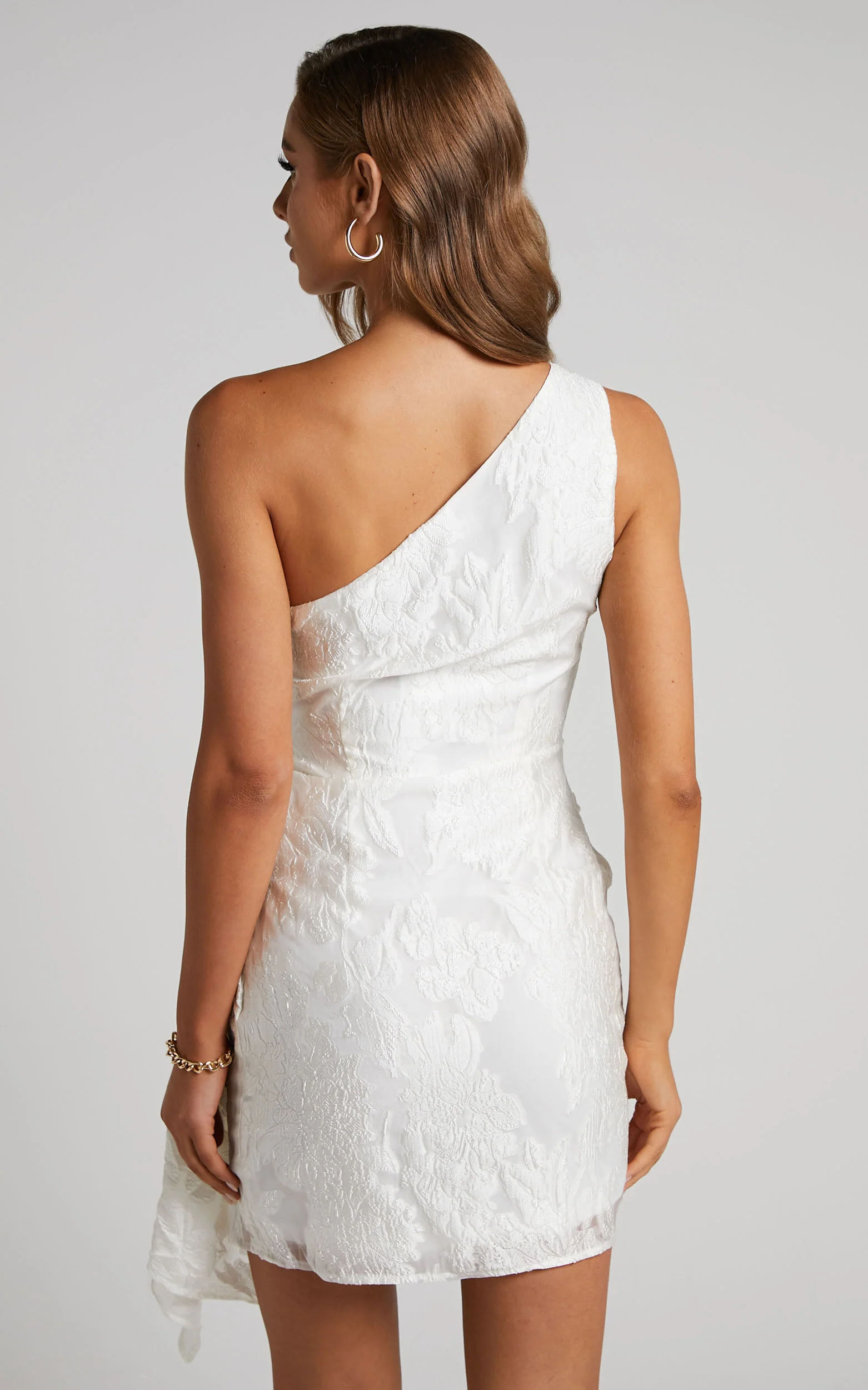 Brailey Mini Dress - One Shoulder Wrap Front Dress in White Jacquard