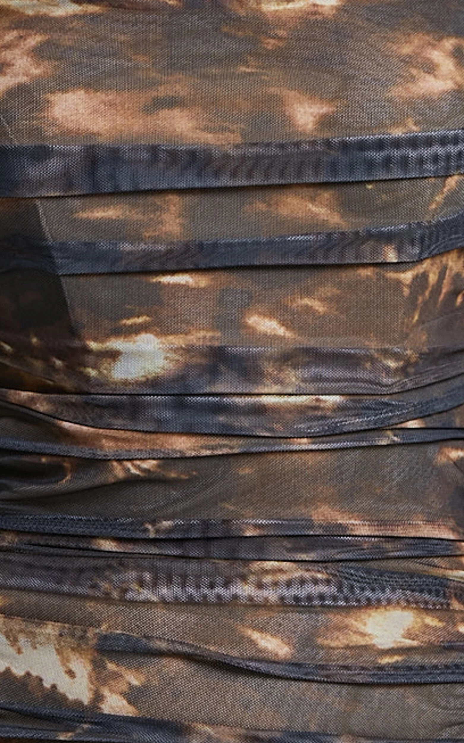 Ashlyn Midi Dress - Ruched Mesh Strapless Dress in Brown