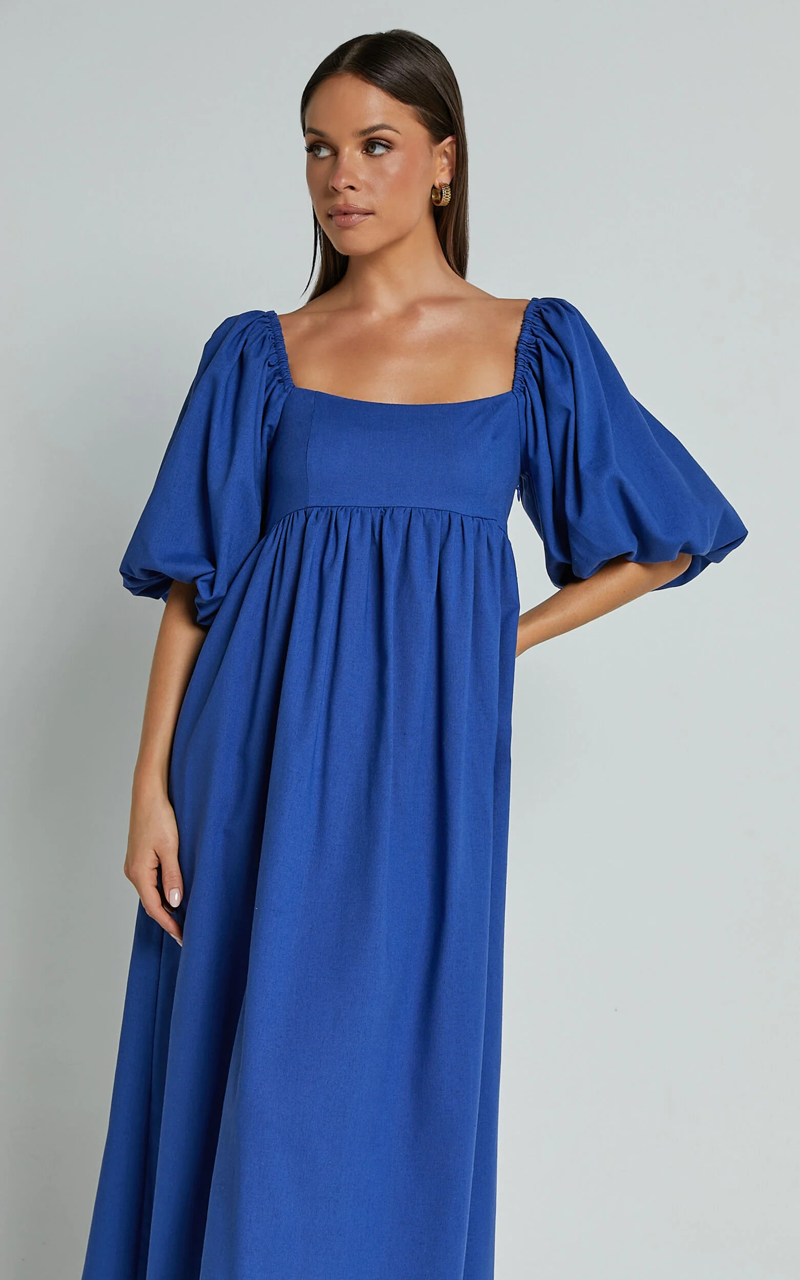 Cenia Midi Dress - Linen Straight Neck Shirred Back Puff Sleeve Dress in Bright Blue