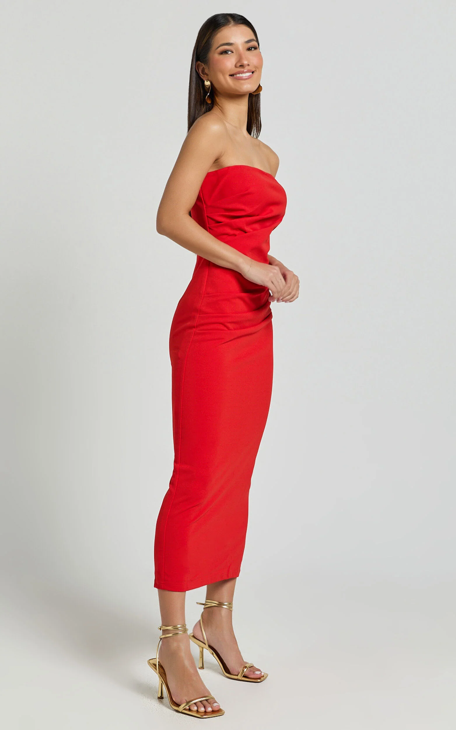 Calanthe Midi Dress - Strapless Tuck Detail Dress in Red