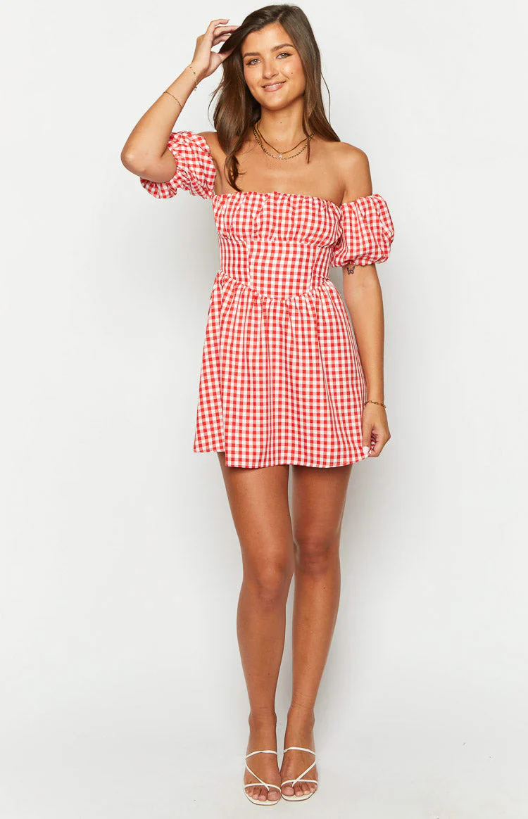 Love Lost Off The Shoulder Red Gingham Mini Dress