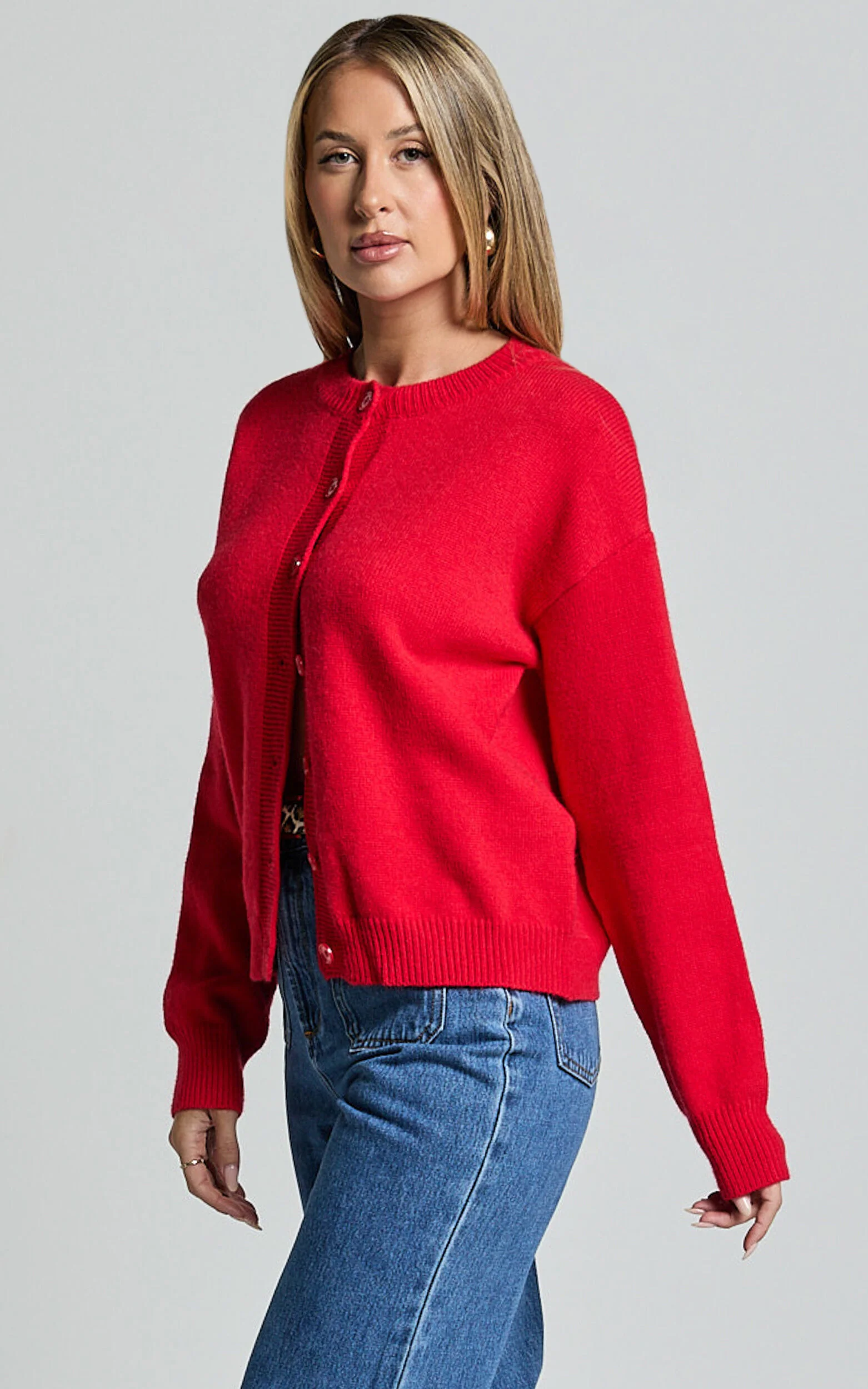 Lucille Cardigan - Button Through Scoop Neck Knit Cardigan in Red
