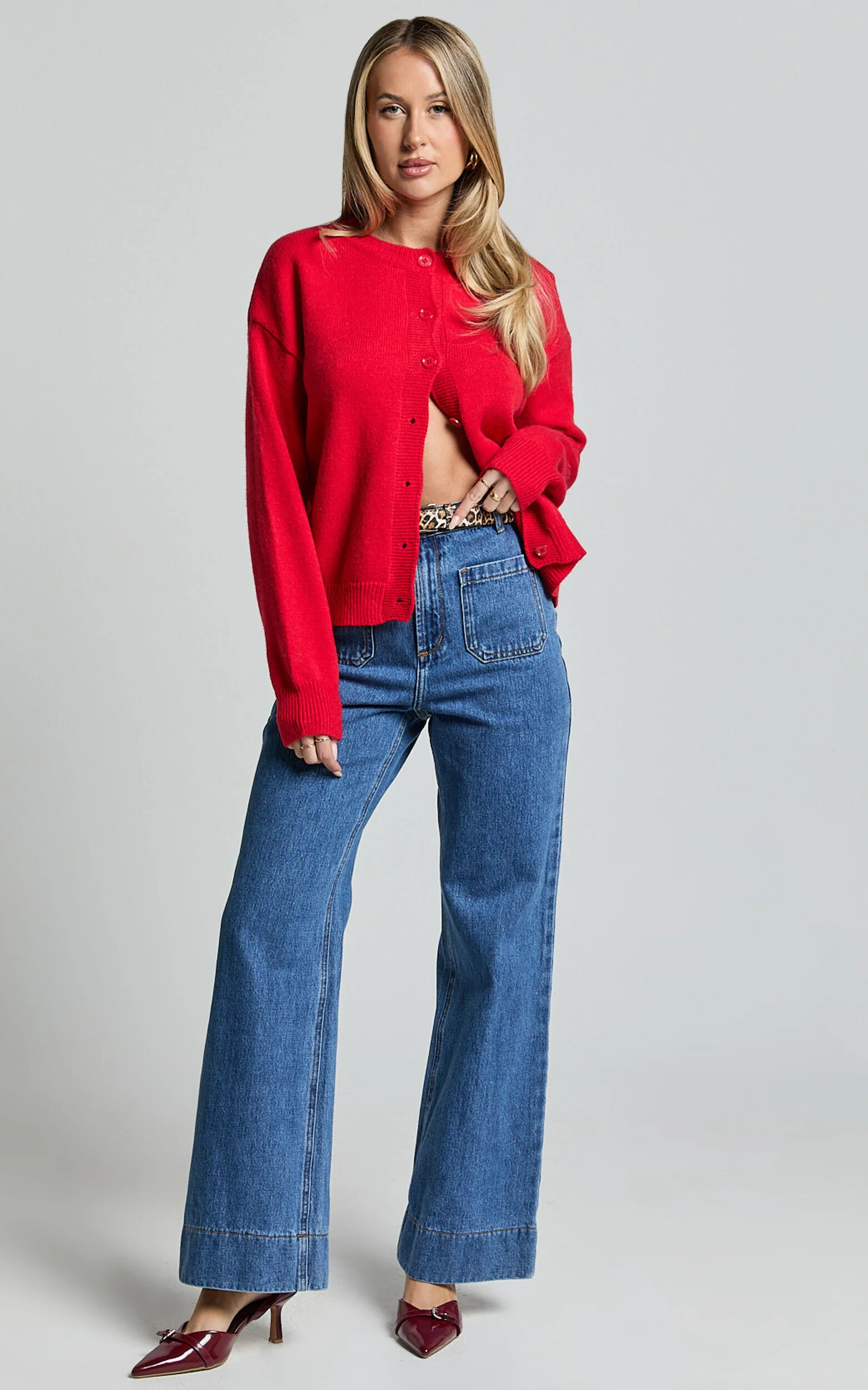 Lucille Cardigan - Button Through Scoop Neck Knit Cardigan in Red