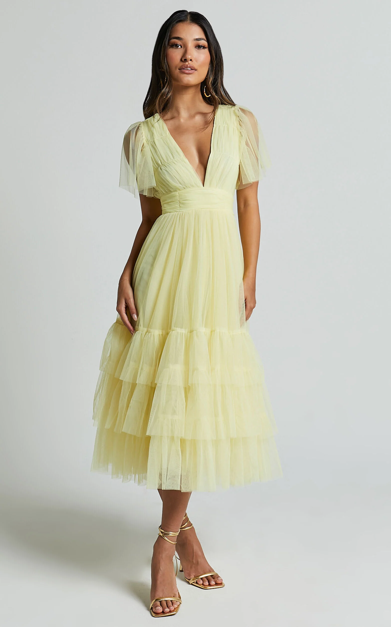 Jiraye Midi Dress - Flutter Sleeve Tuelle Plunge Dress in Lemon